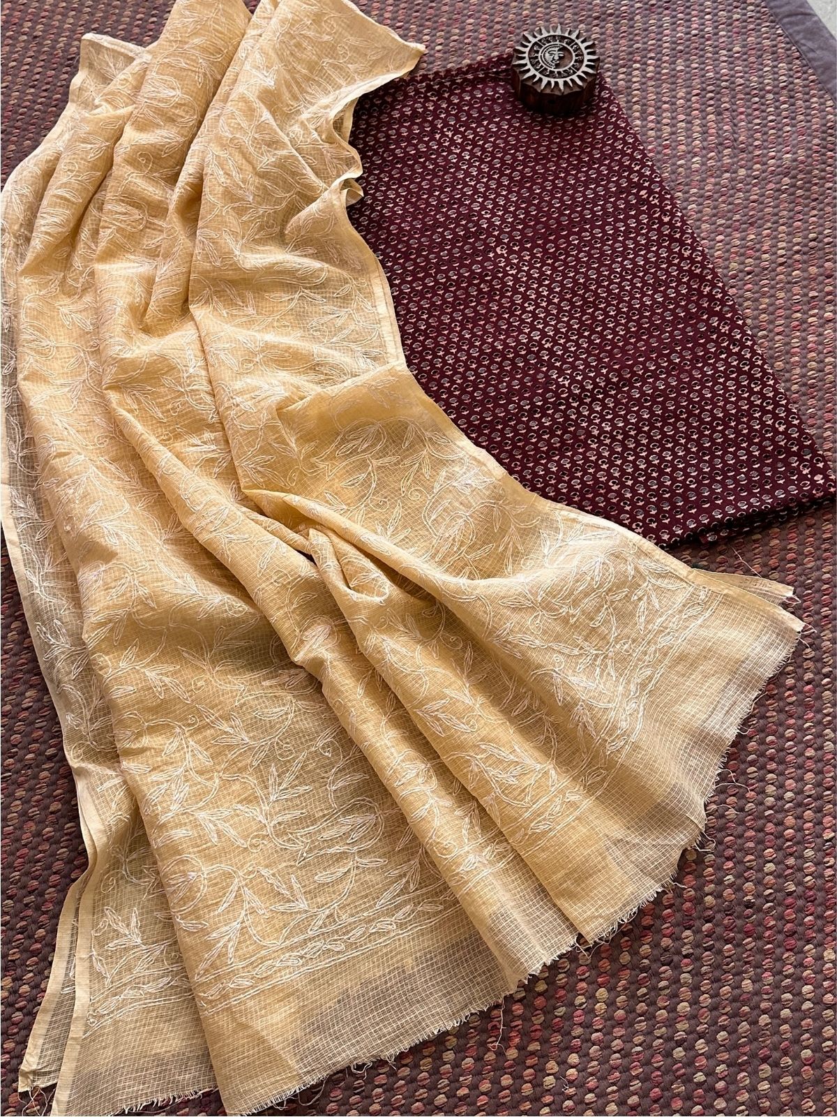 Ajrakh Handblocked Cotton Malmal Fabric with Chikankari Kota Dupatta Unstitched Set