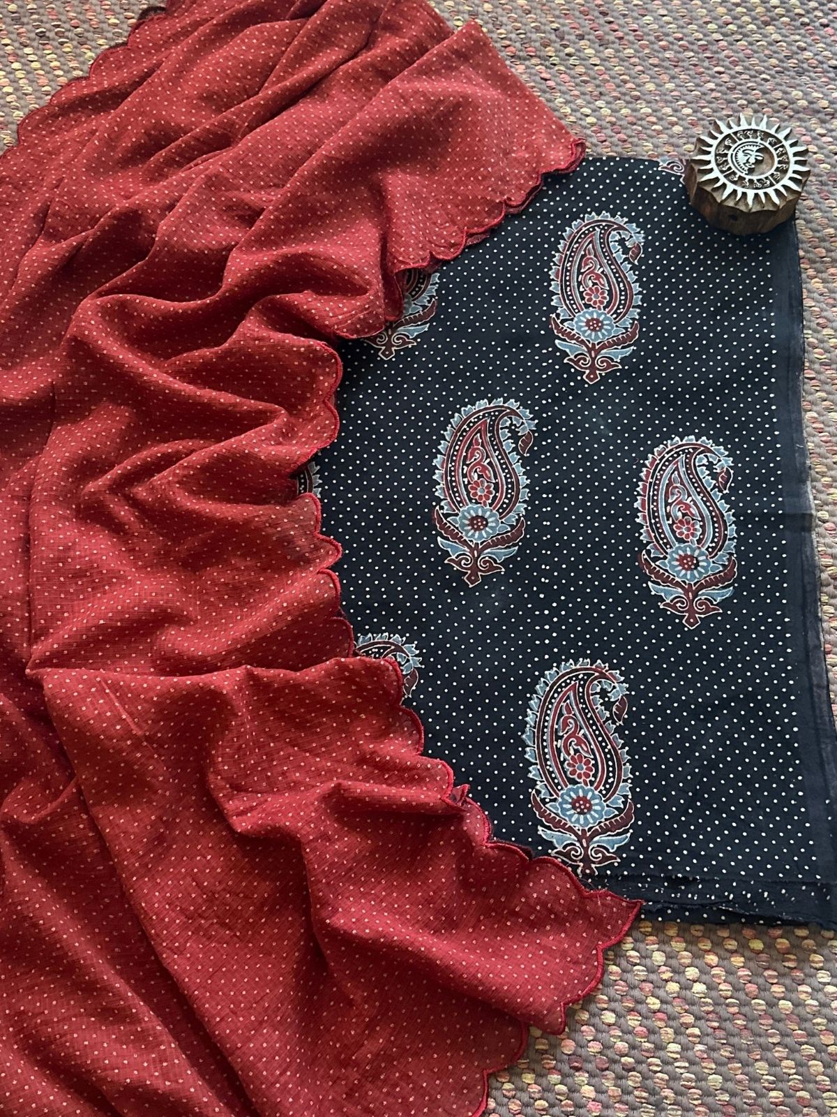 Ajrakh Cotton Malmal Handblocked Set- Top & Dupatta
