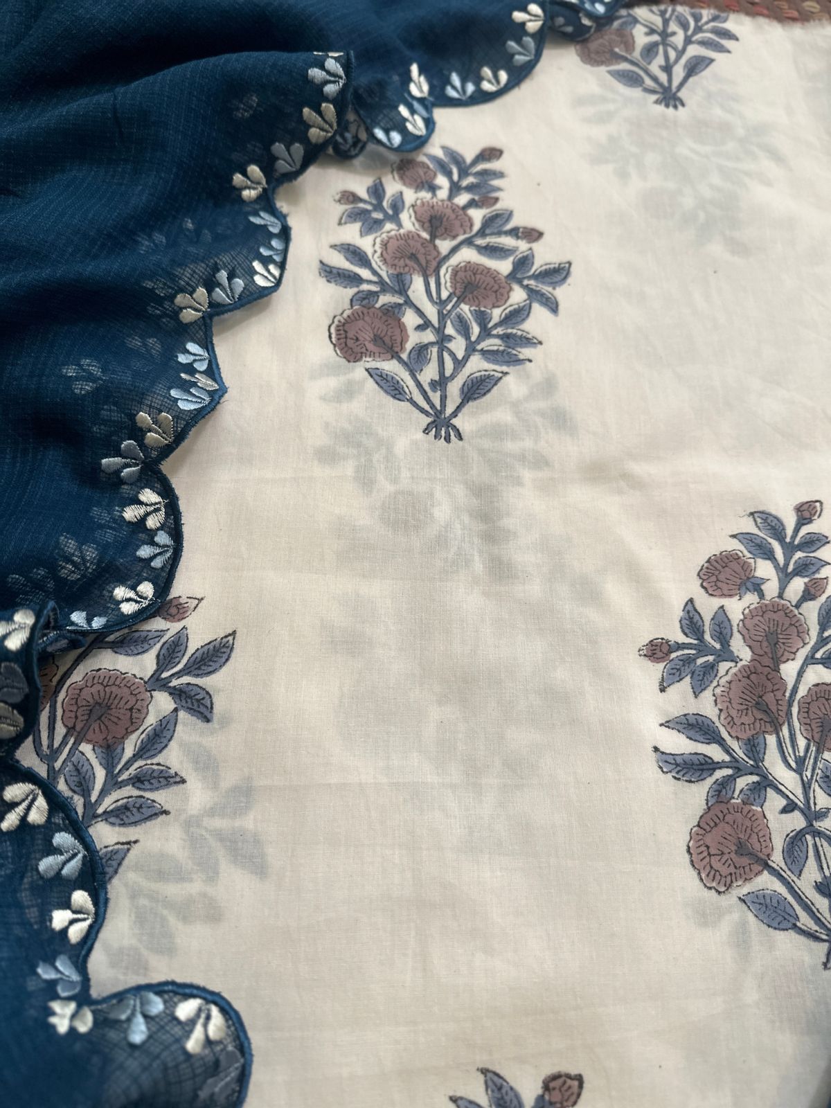 Pure Cotton Handblock Fabric with Exclusive Embroidered Bottom & Kota Doria Dupatta