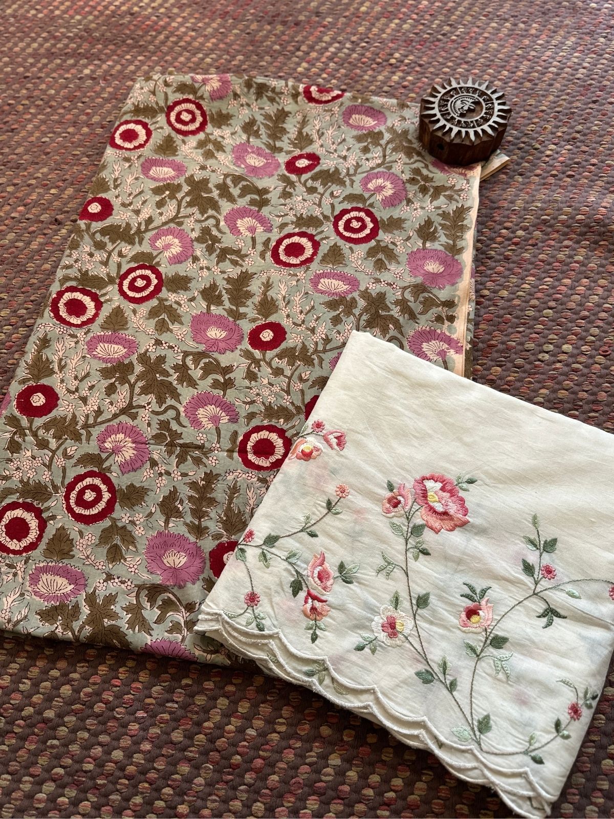 Pure Cotton Hand-blocked Fabric with Embroidered Bottom