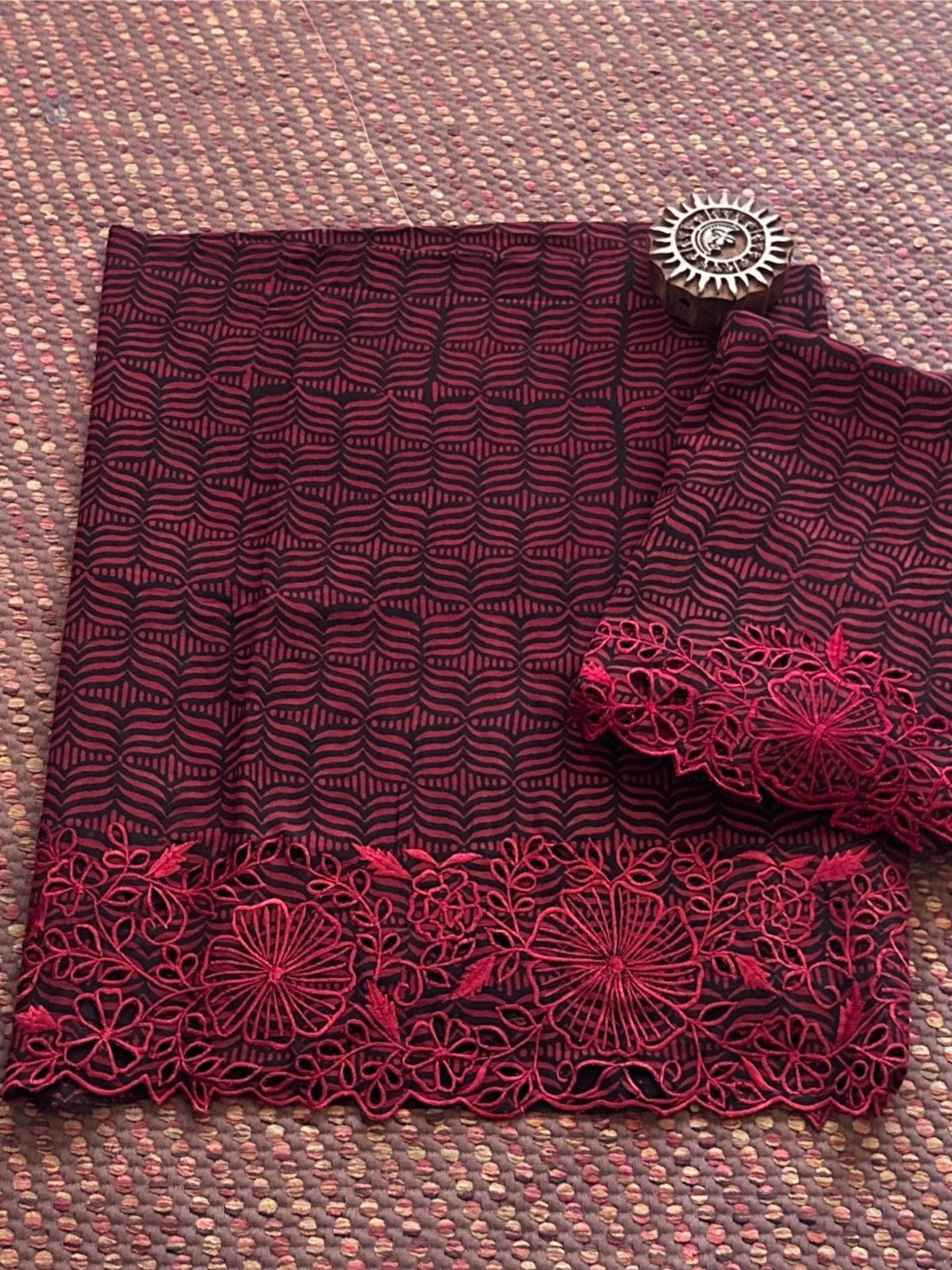 Exclusive Cutwork embroidered Ajrak Cotton Malmal Coord Set