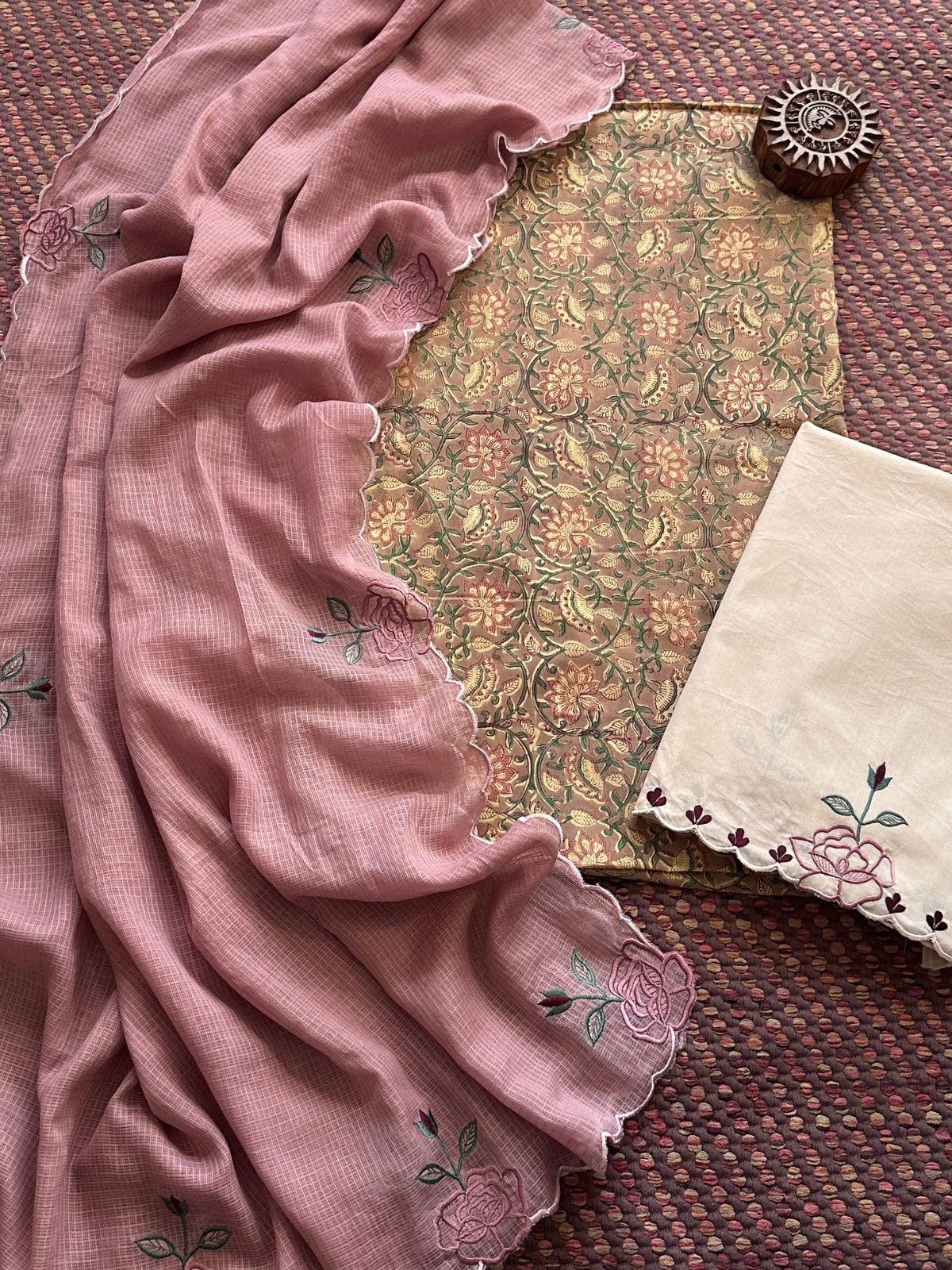 Pure Cotton Malmal Hand-block Fabric with Embroidered Bottom & Kota Doria Dupatta