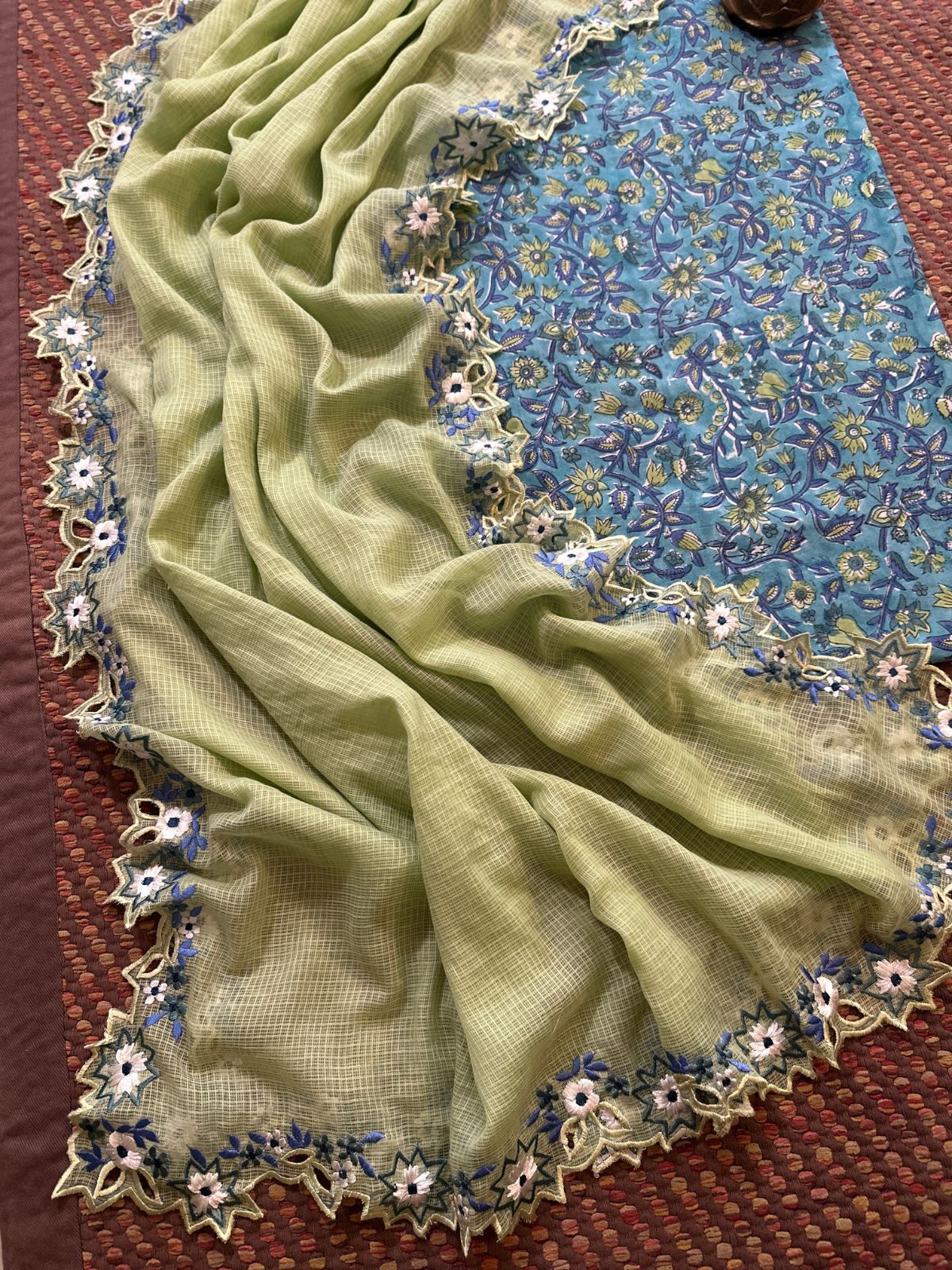 Pure Cotton Handblock Fabric with Exclusive Cutwork Embroidered Dupatta