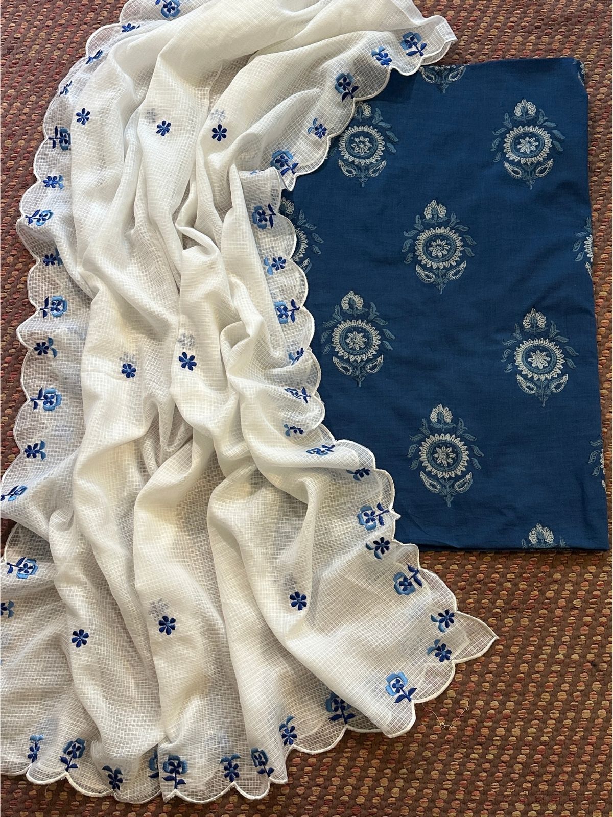Pure Cotton Handblocked Fabric with Embroidered Dupatta