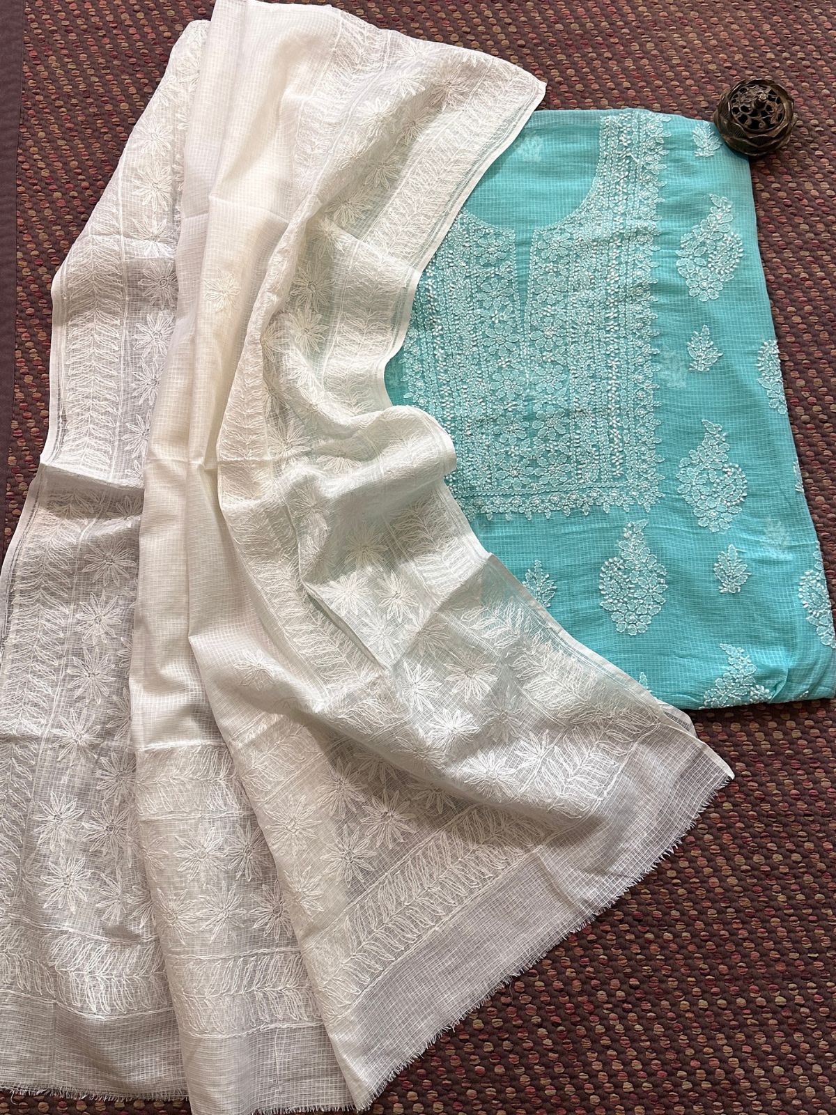 Chikankari Hand Embroidered Fabric with Kota Embroidered Dupatta
