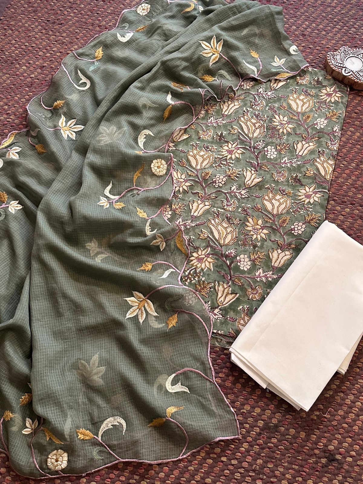 Pure Cotton Hand-blocked Fabric with Embroidered Dupatta