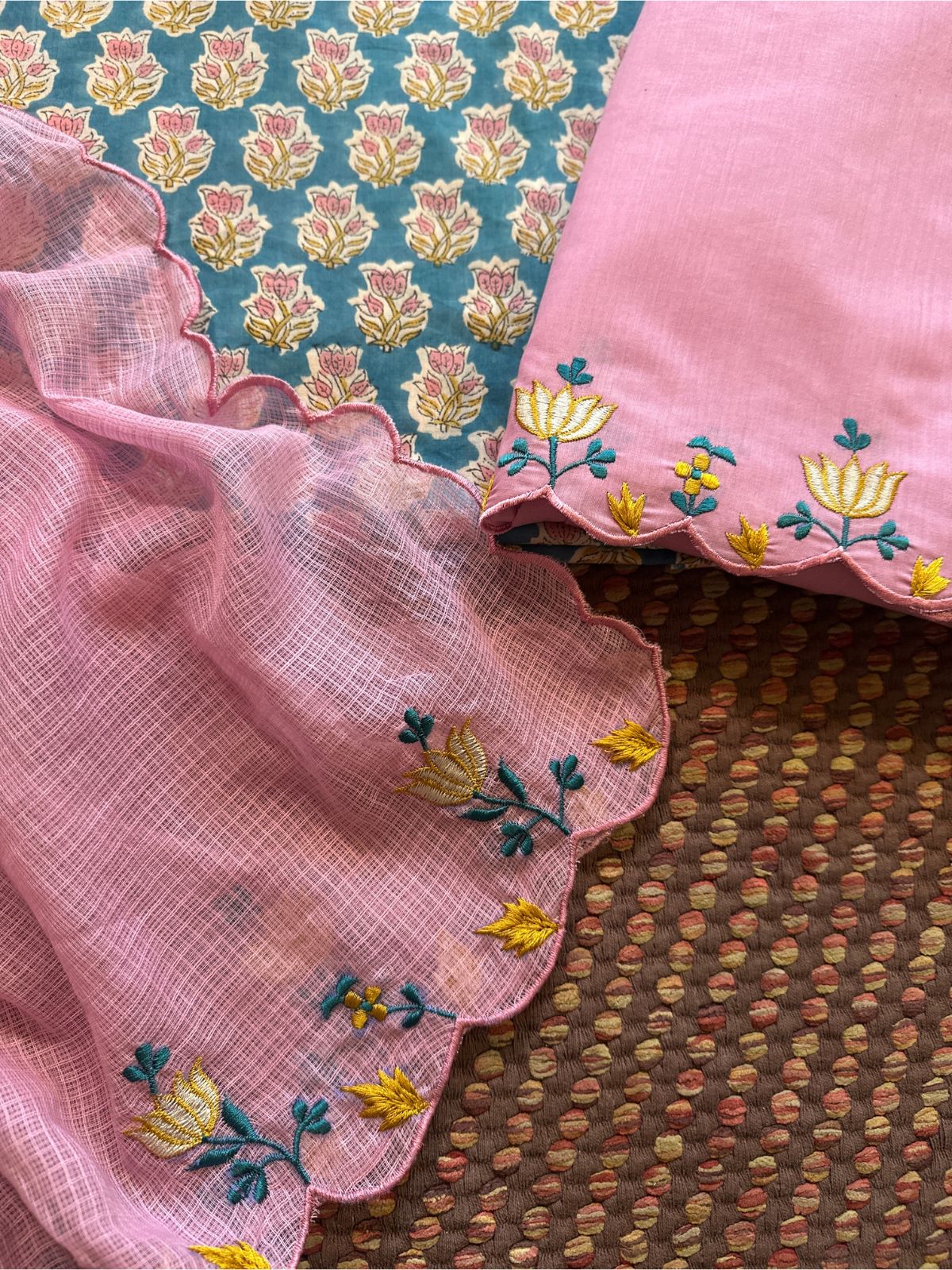 Pure Cotton Hand-block Fabric with Embroidered Bottom & Kota Doria Dupatta