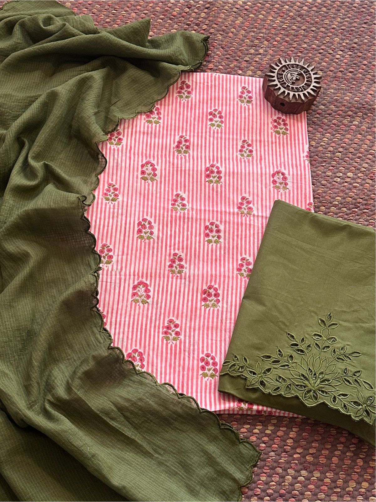 Pure Cotton Hand-blocked Fabric with Cutwork Bottom & Kota Doria Dupatta