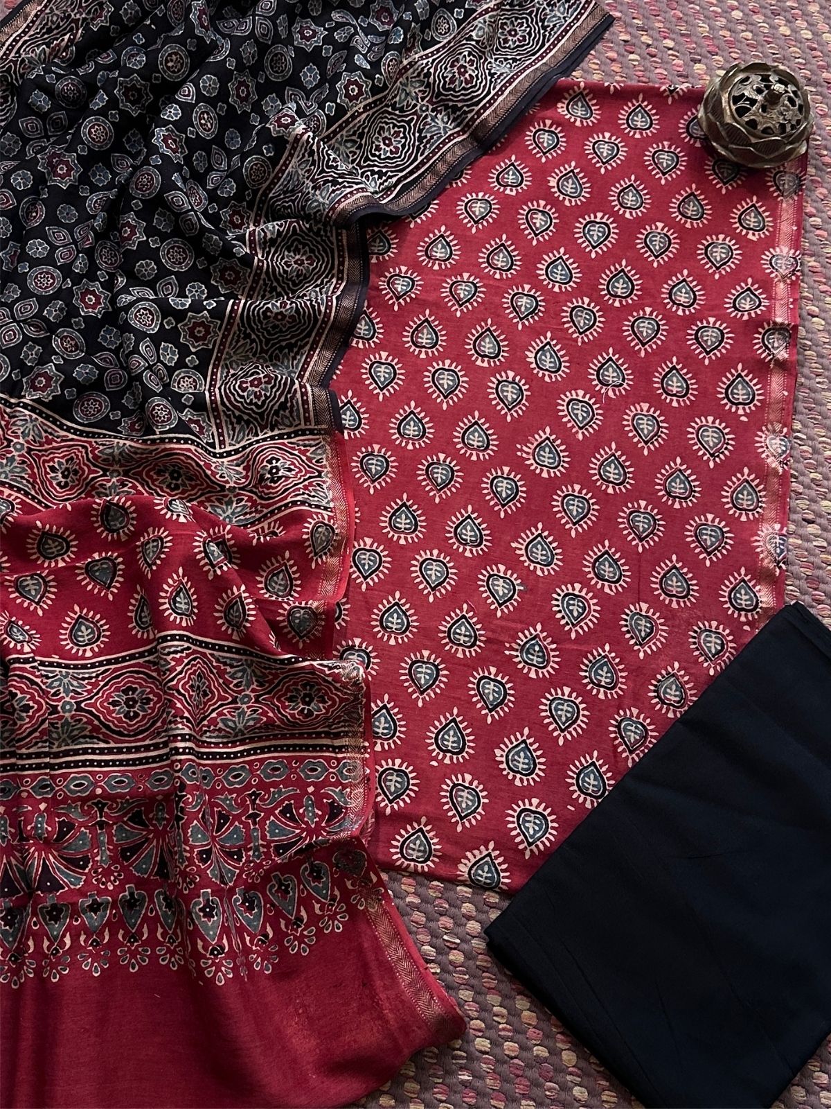 Hand-blocked Ajrak Maheswari Silk Unstitched Set