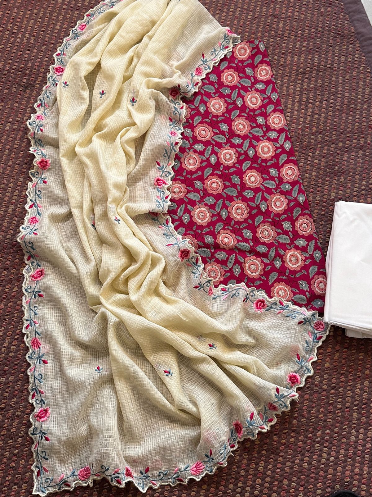 Pure Cotton Hand-block Fabric set with Embroidered Kota Doria Dupatta