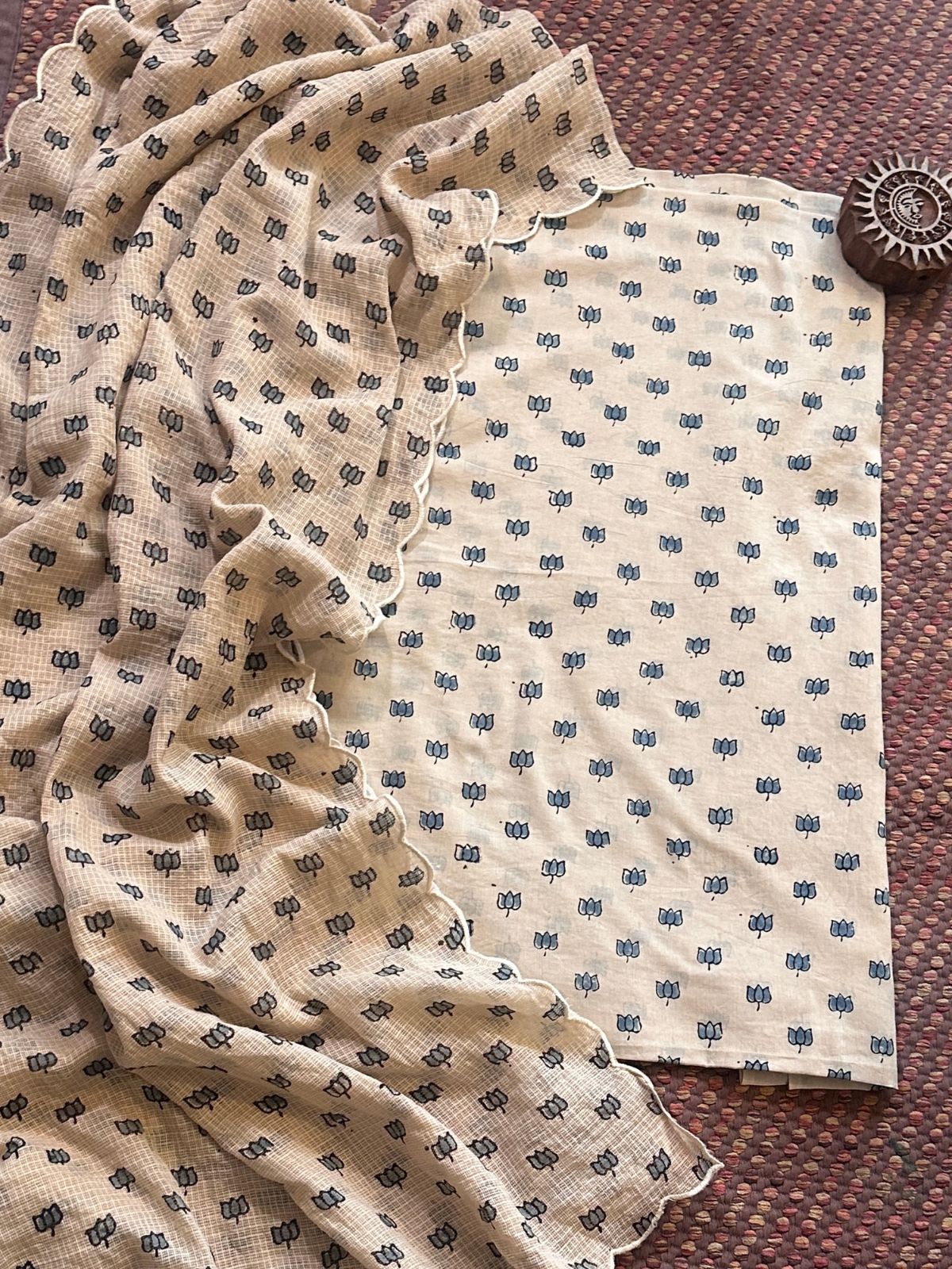 Ajrakh Cotton Malmal Handblocked Set- Top & Dupatta