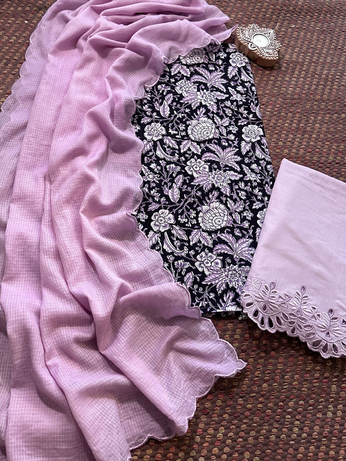 Pure Cotton Hand-blocked Fabric with Cutwork Bottom & Kota Doria Dupatta