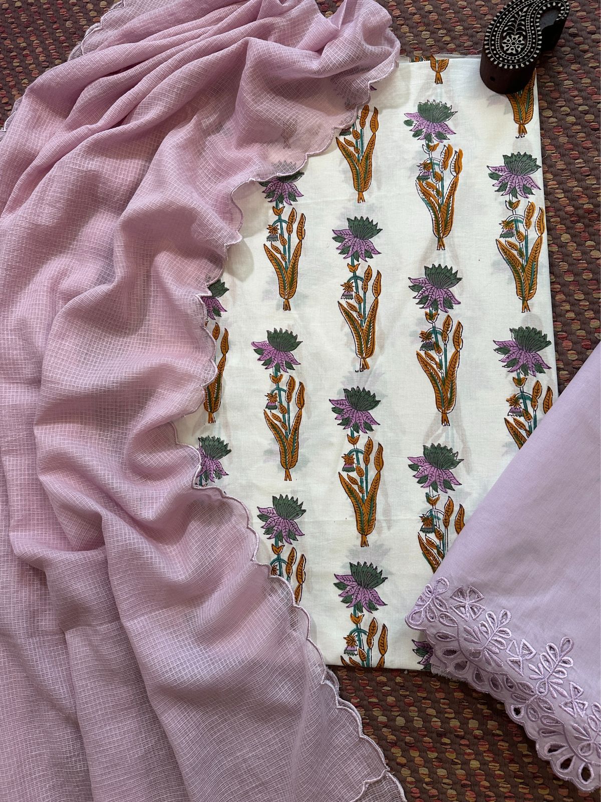 Pure Cotton Malmal Hand-blocked Fabric with Cutwork Bottom & Kota Doria Dupatta