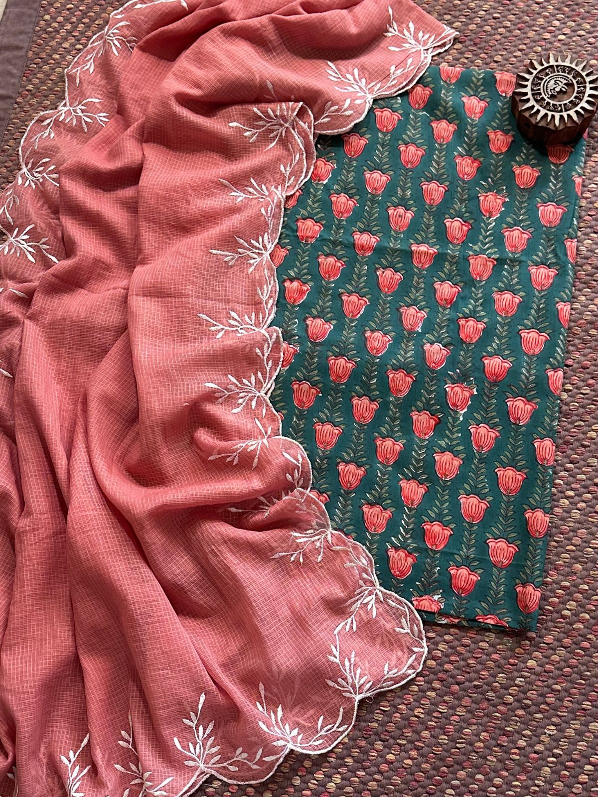 Pure Cotton Hand-blocked fabric set with Embroidered Dupatta