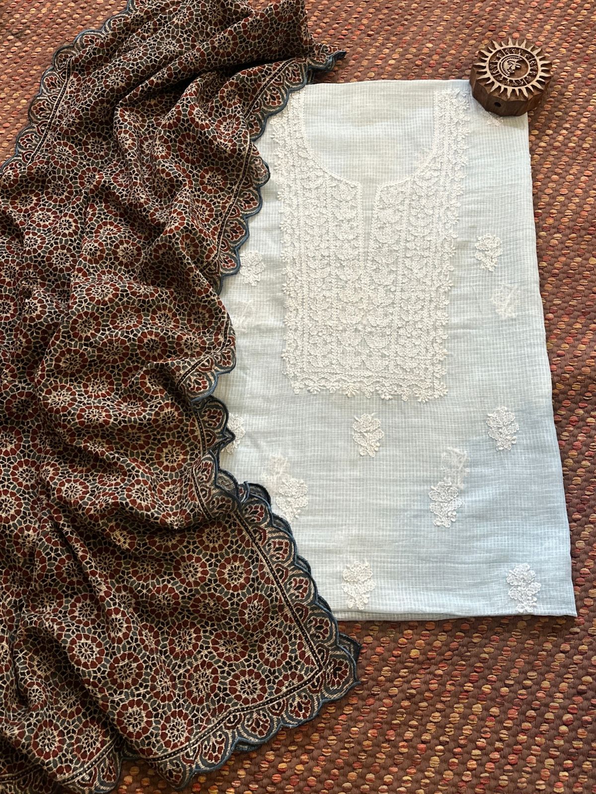 Chikankari Hand Embroidered Fabric with Ajrak Hadblocked Kota Dupatta