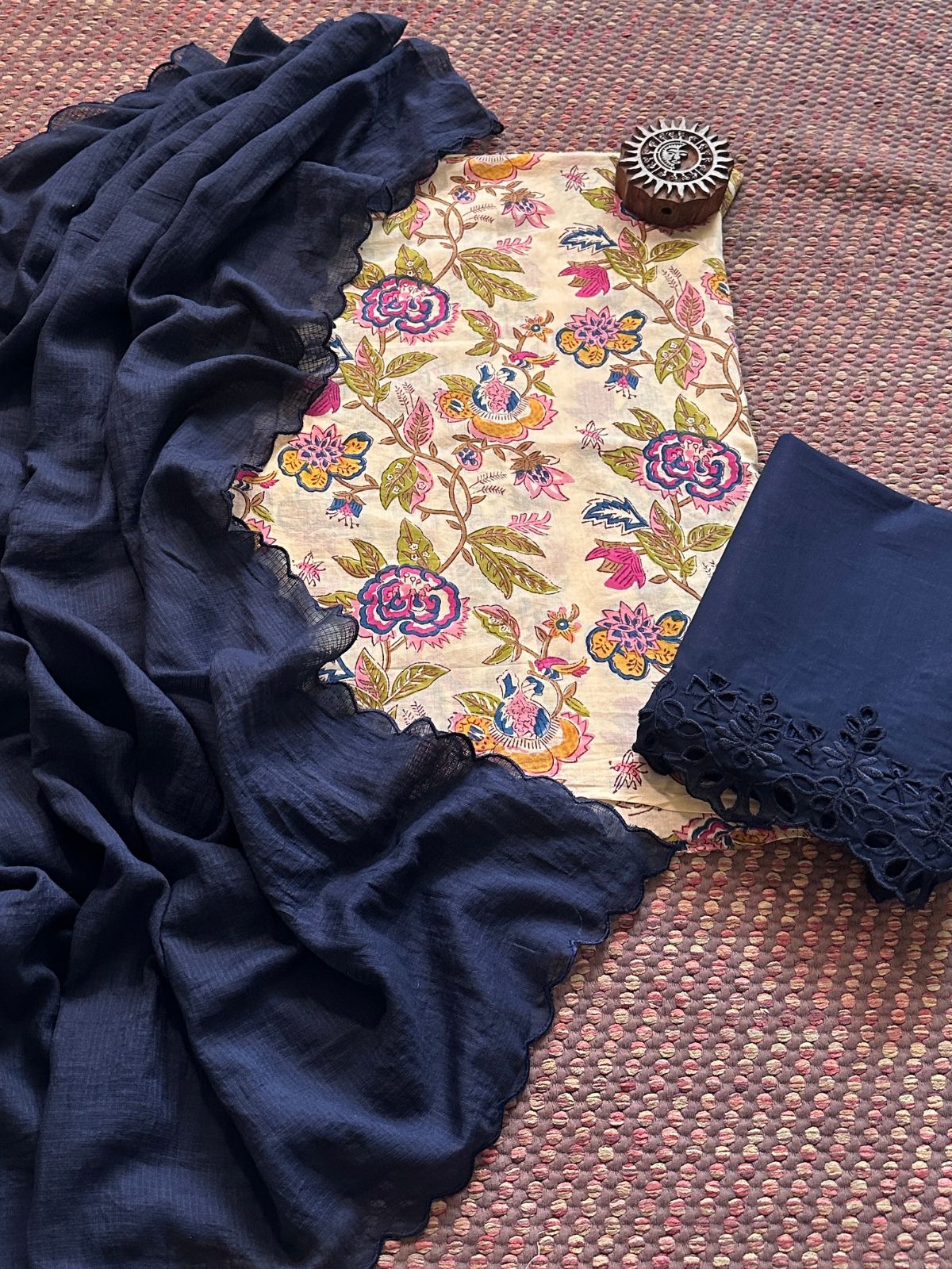 Pure Taj Cotton Hand-blocked Fabric with Cutwork Bottom & Kota Doria Dupatta