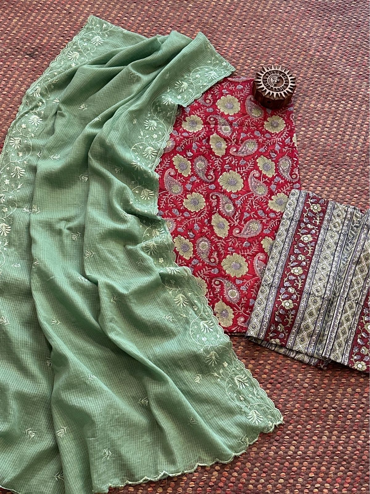 Pure Cotton Hand Blocked Set with Embroidered Dupatta