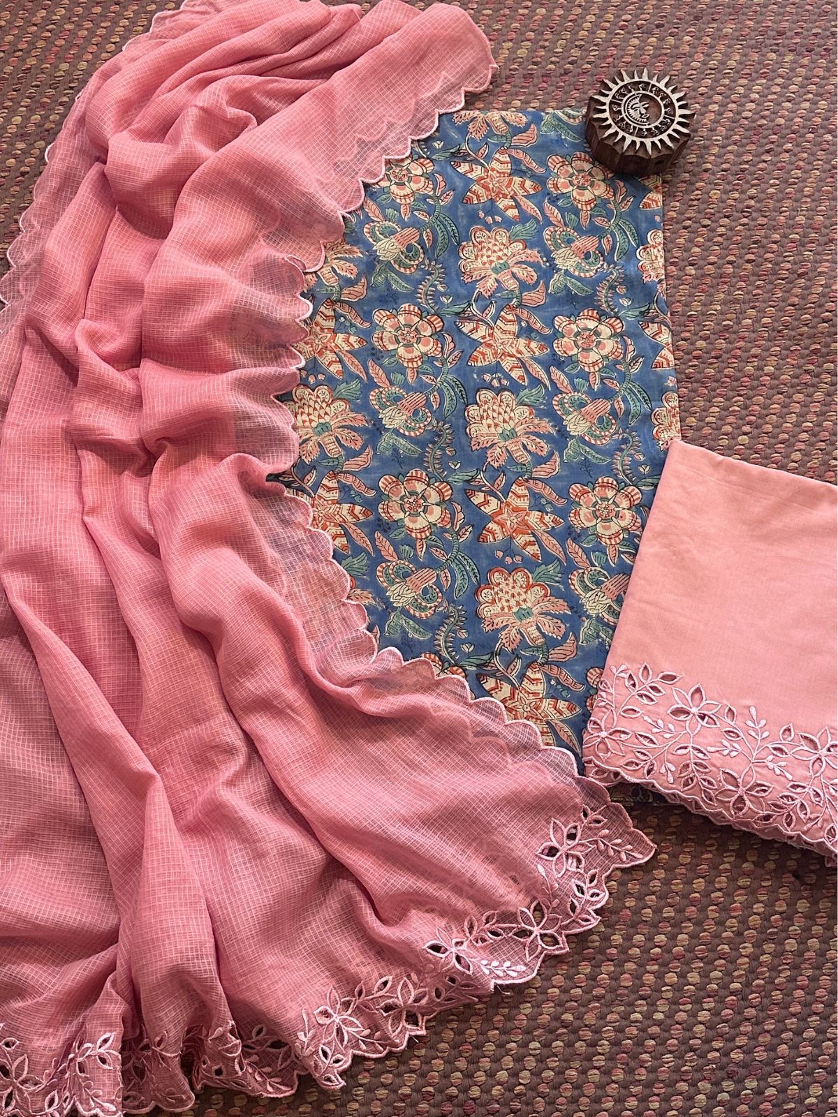 Pure Cotton Malmal Hand-blocked Fabric with Cutwork Bottom & Kota Doria Dupatta