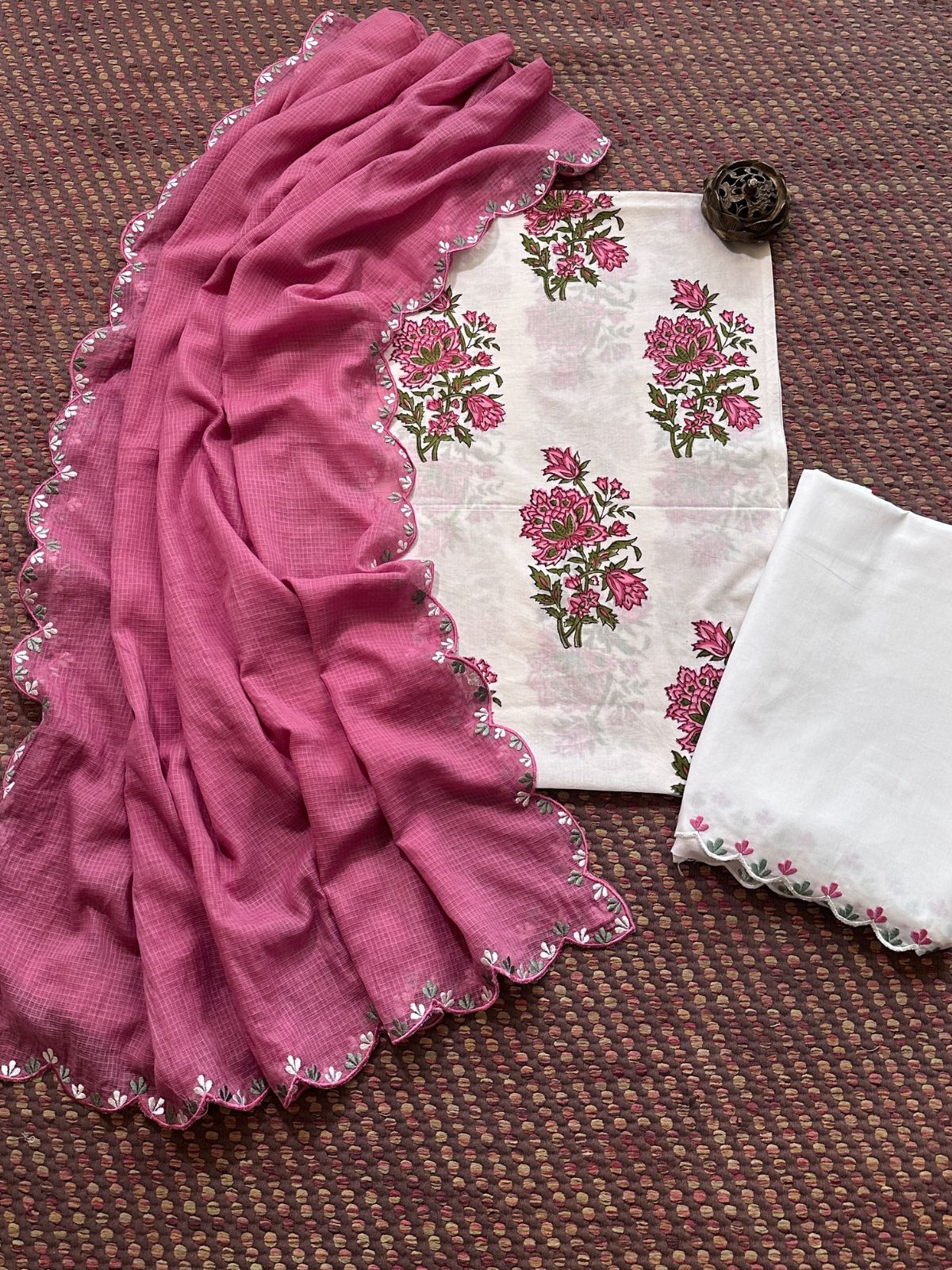 Pure Cotton Hand blocked Set with Embroidered Dupatta