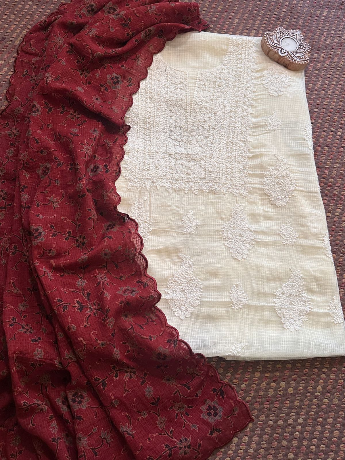 Chikankari Hand Embroidered Kota Doria Fabric with Ajrak Handblocked Kota Dupatta