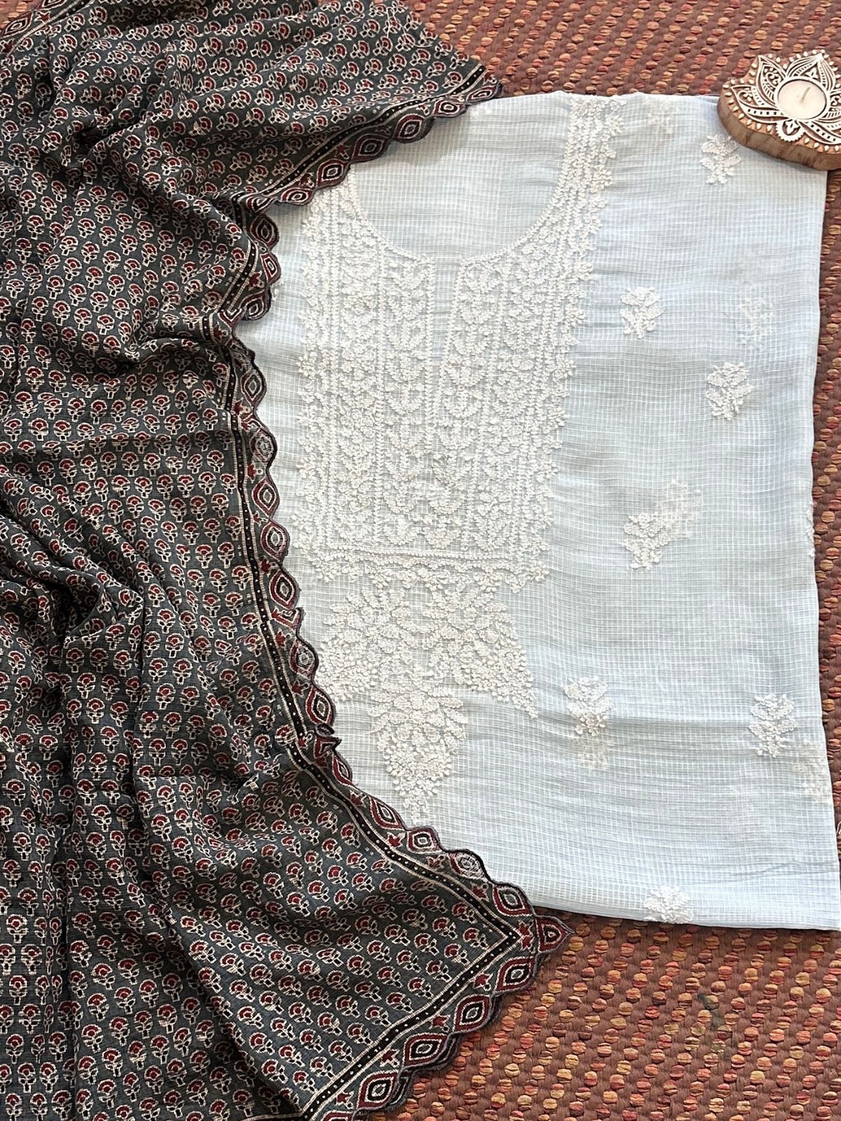 Pastel Blue Chikankari Hand Embroidered Fabric with Ajrak Hadblocked Kota Dupatta