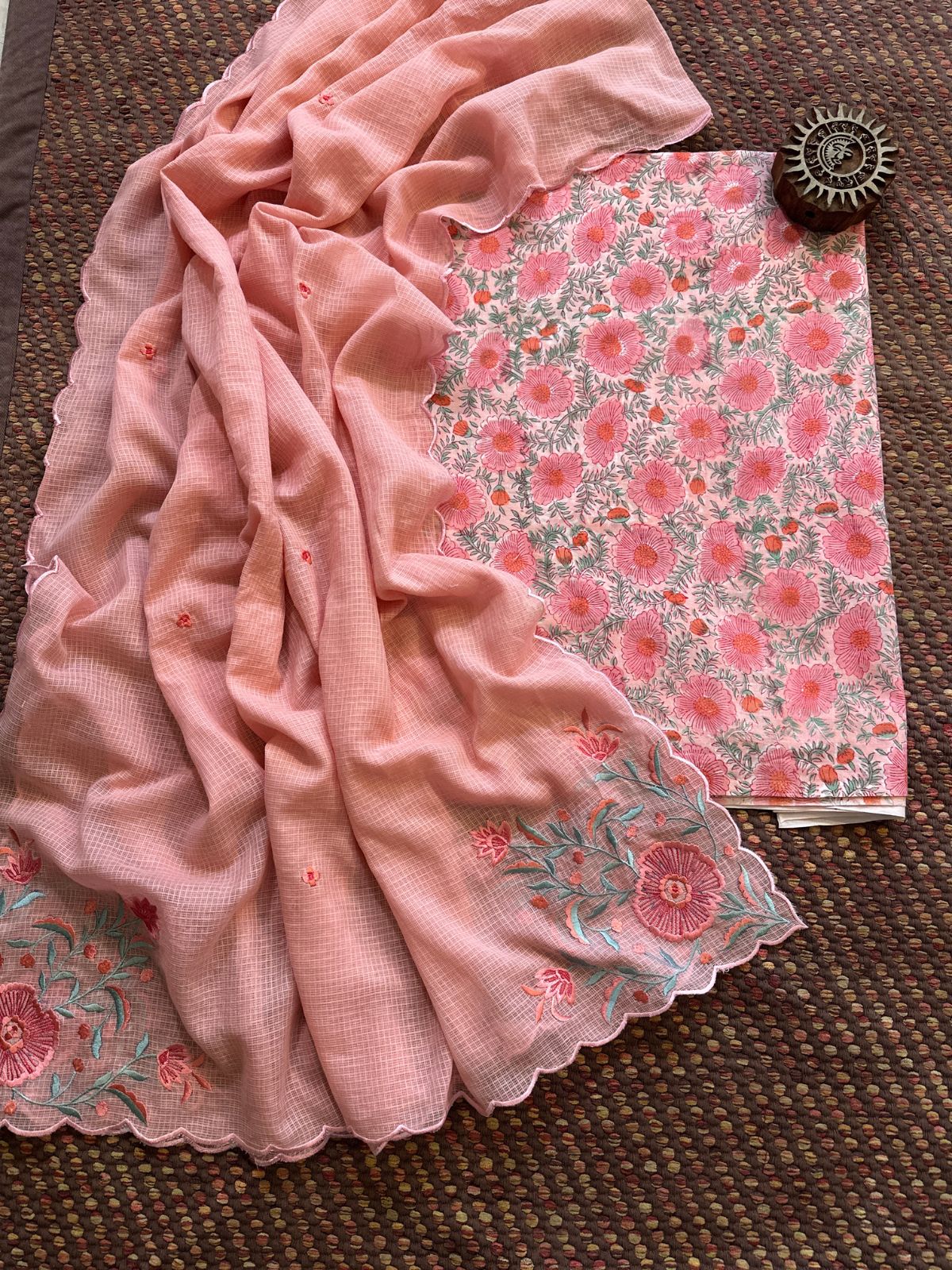 Pure Cotton Hand-blocked fabric set with Embroidered Dupatta