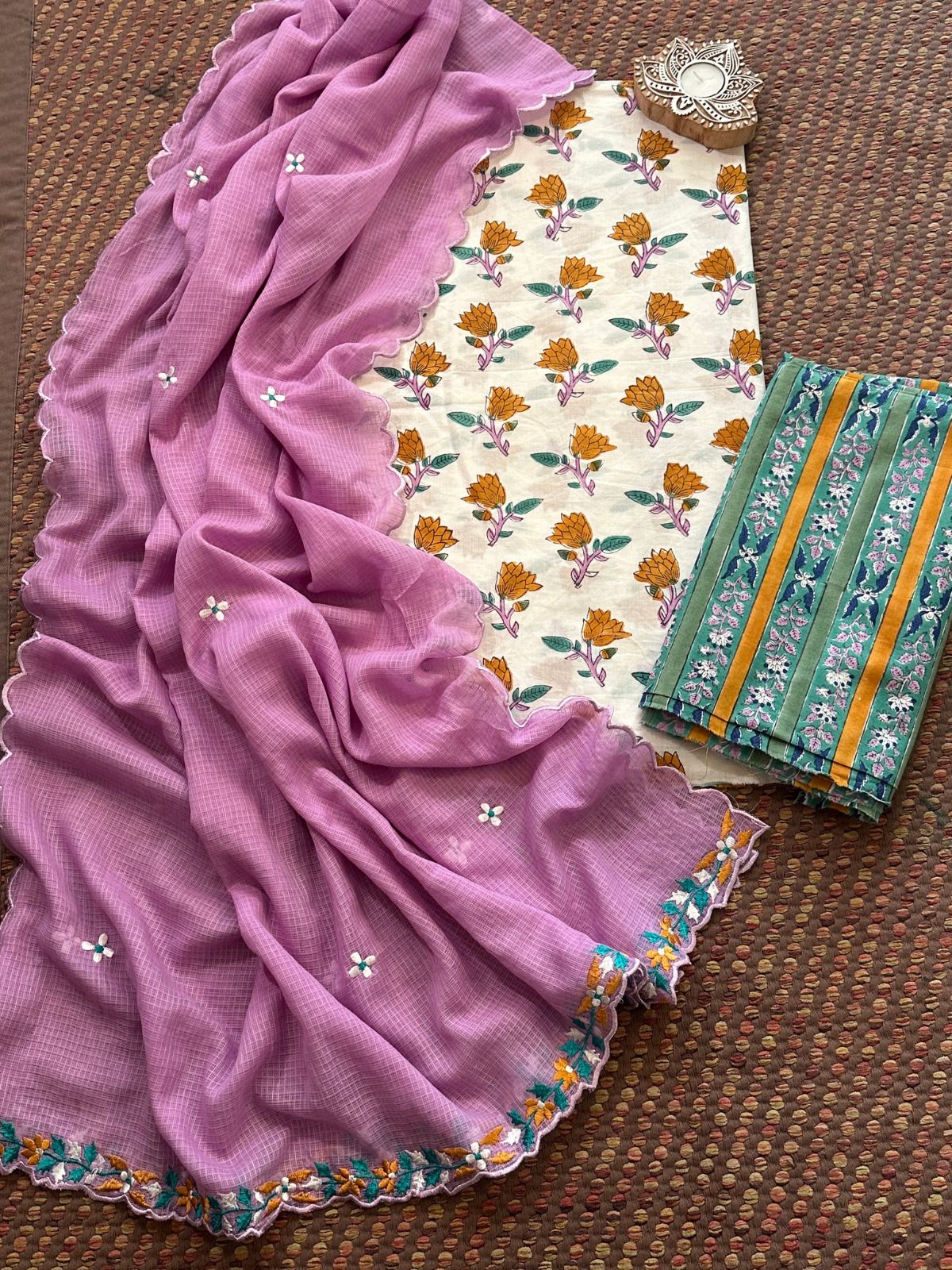 Premium Pure Cotton Malmal Hand blocked Set with Embroidered Dupatta