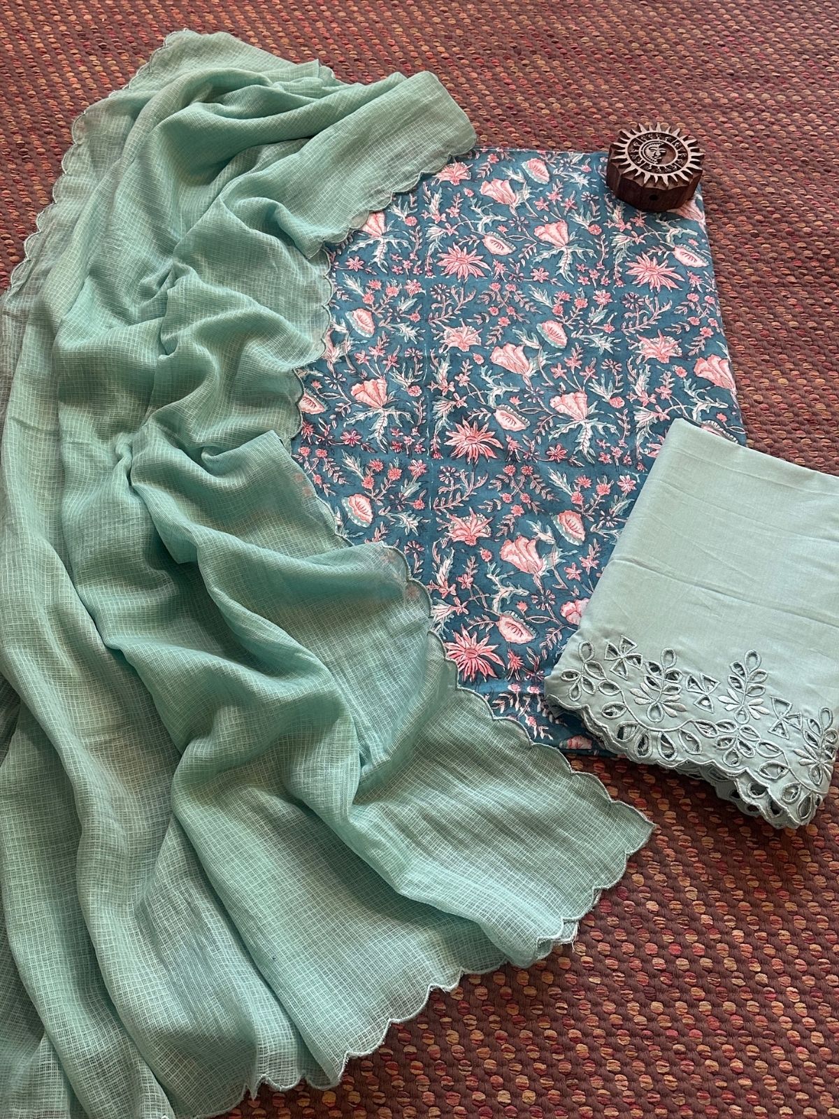 Pure Cotton Hand-blocked Fabric with Cutwork Bottom & Kota Doria Dupatta