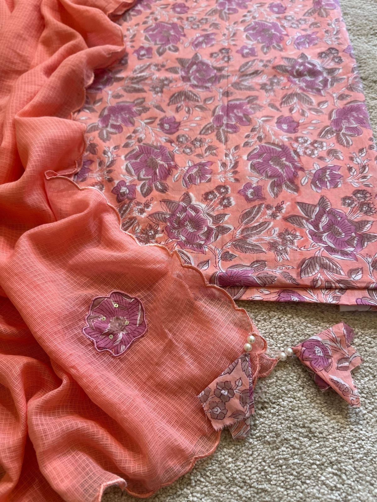 Peach Peony Set- Handblocked Fabric with Applique work Dupatta