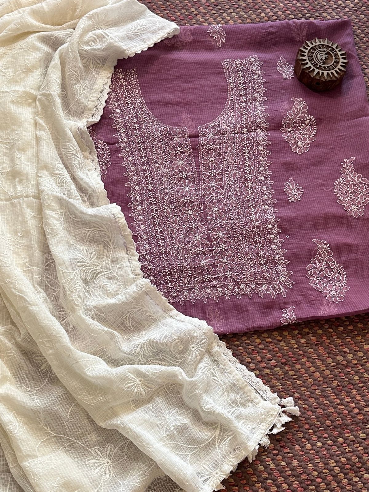 Chikankari Hand Embroidered Fabric with Kota Embroidered Dupatta