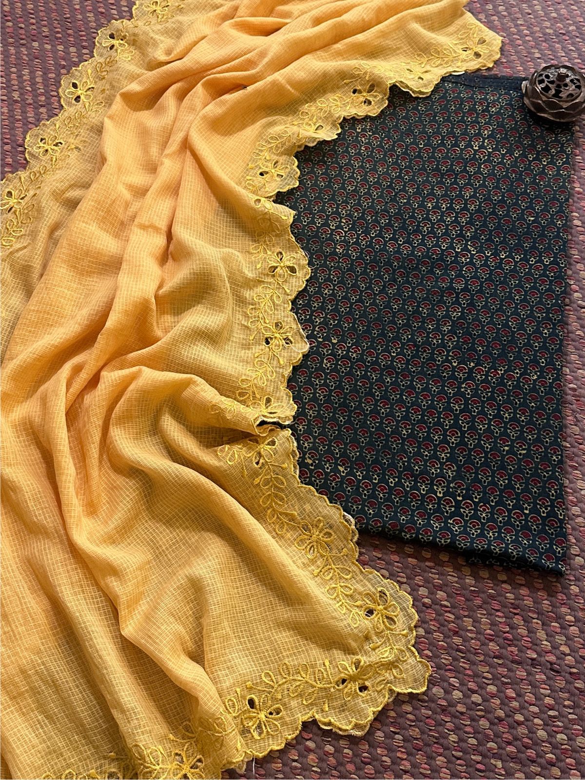 Pure Cotton Malmal Handblock Fabric in Ajrak with Cutwork Embroidered Dupatta