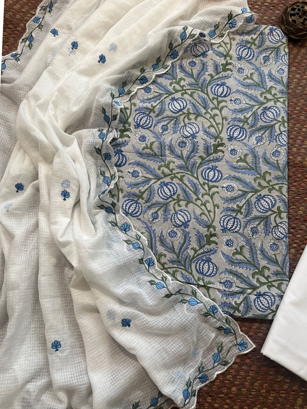 Pure Cotton Hand-blocked fabric set with Embroidered Dupatta