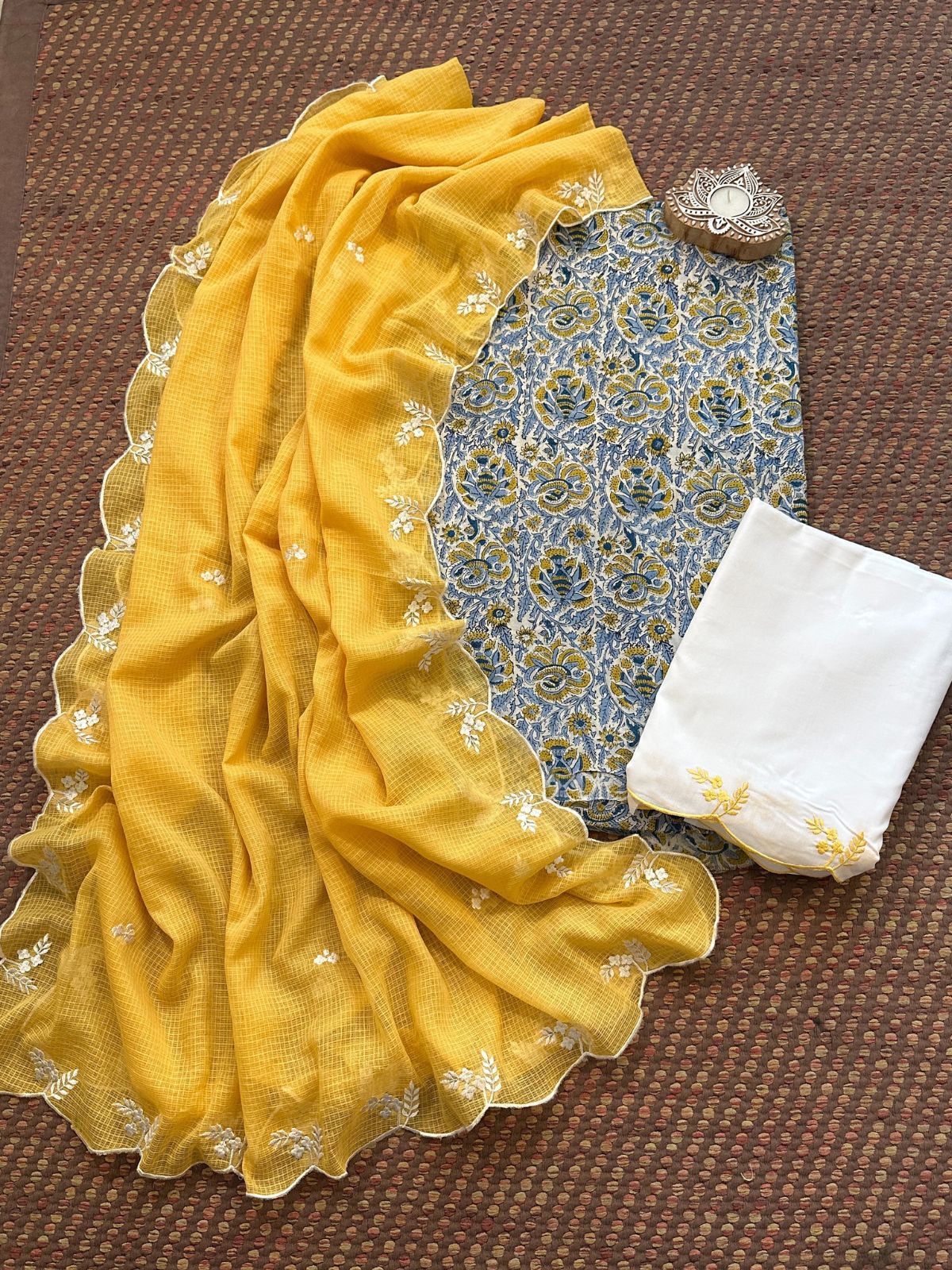 Pure Cotton Malmal Hand-block Fabric with Embroidered Bottom & Kota Doria Dupatta