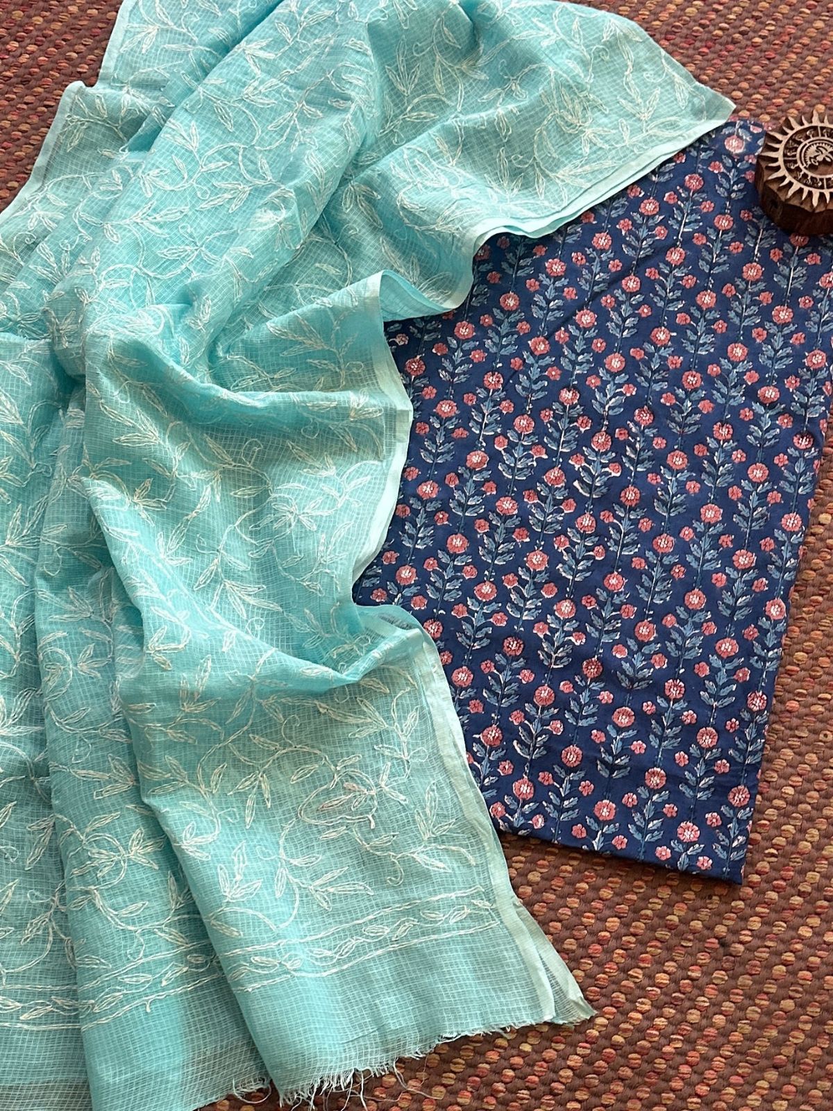 Pure Cotton Hand Blocked Fabric with Chikankari Dupatta