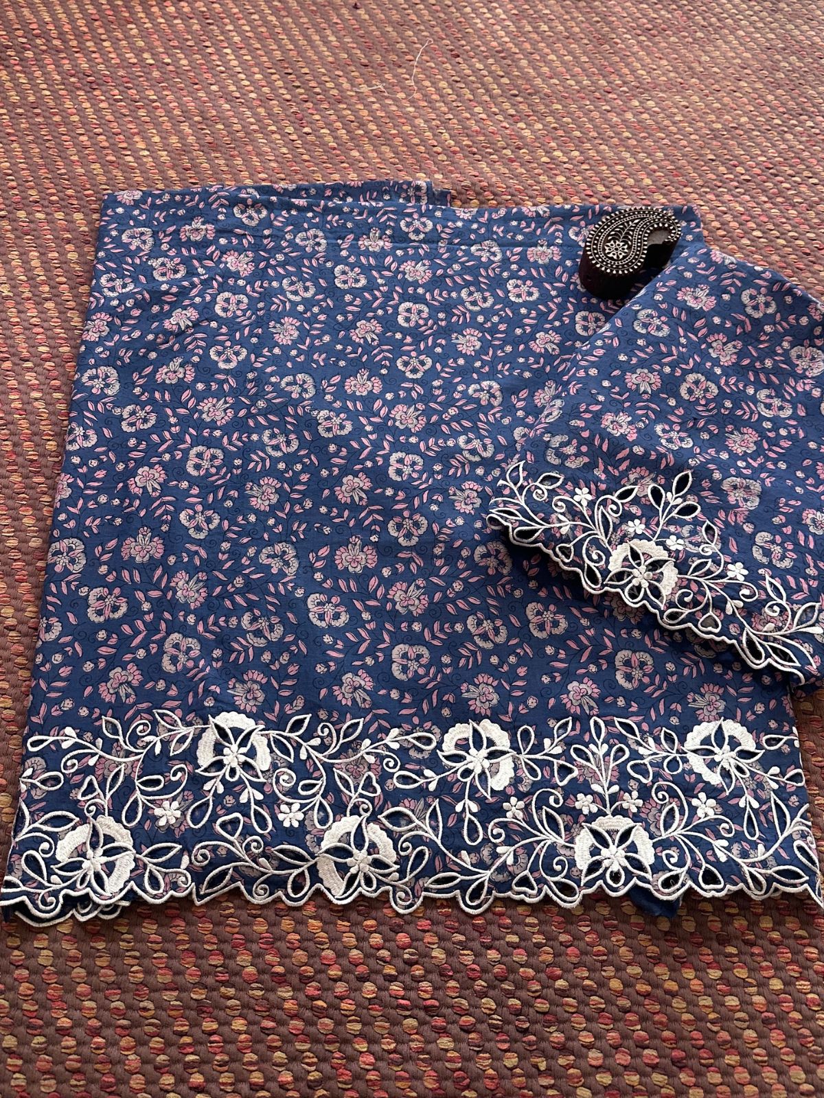 Pure Cotton Indigo Handblocked Coord Set with Cutwork embroidery