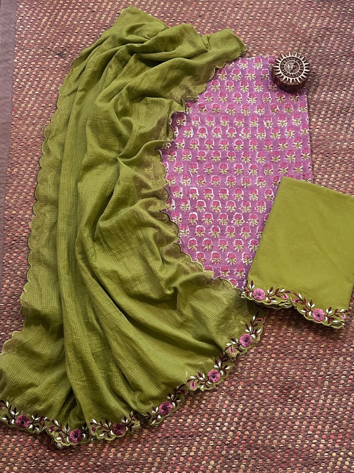 Pure Cotton Hand-block Fabric with Embroidered Bottom & Kota Doria Dupatta