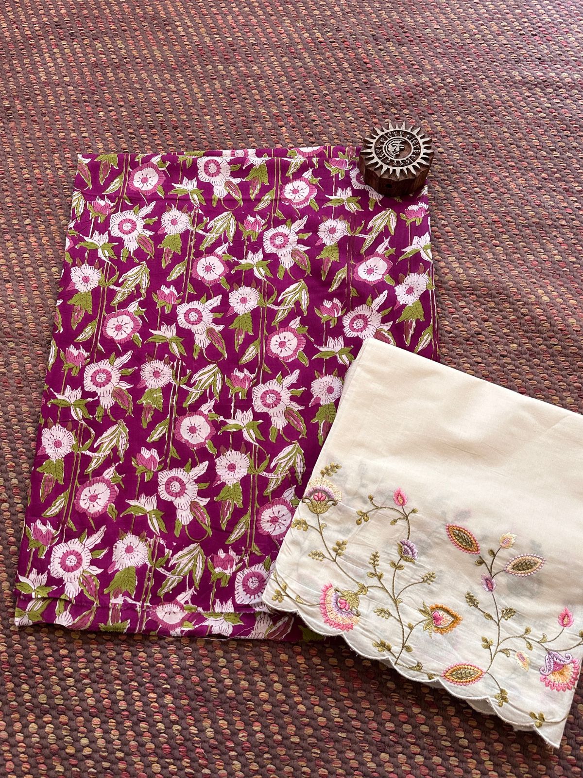 Pure Cotton Hand-blocked Fabric with Embroidered Bottom