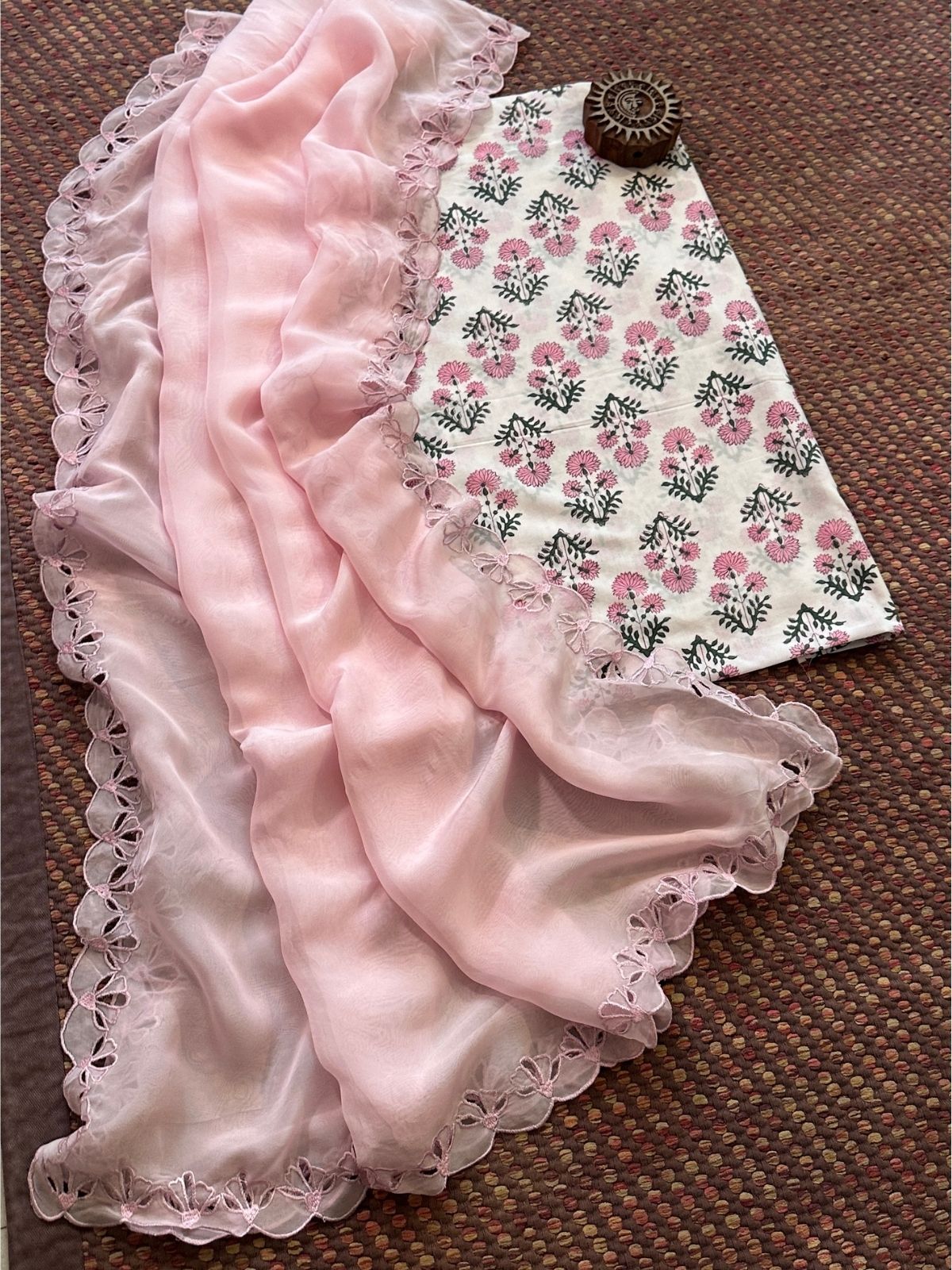 Pure Cotton Handblocked Fabric with Exclusive Cutwork Organza Dupatta