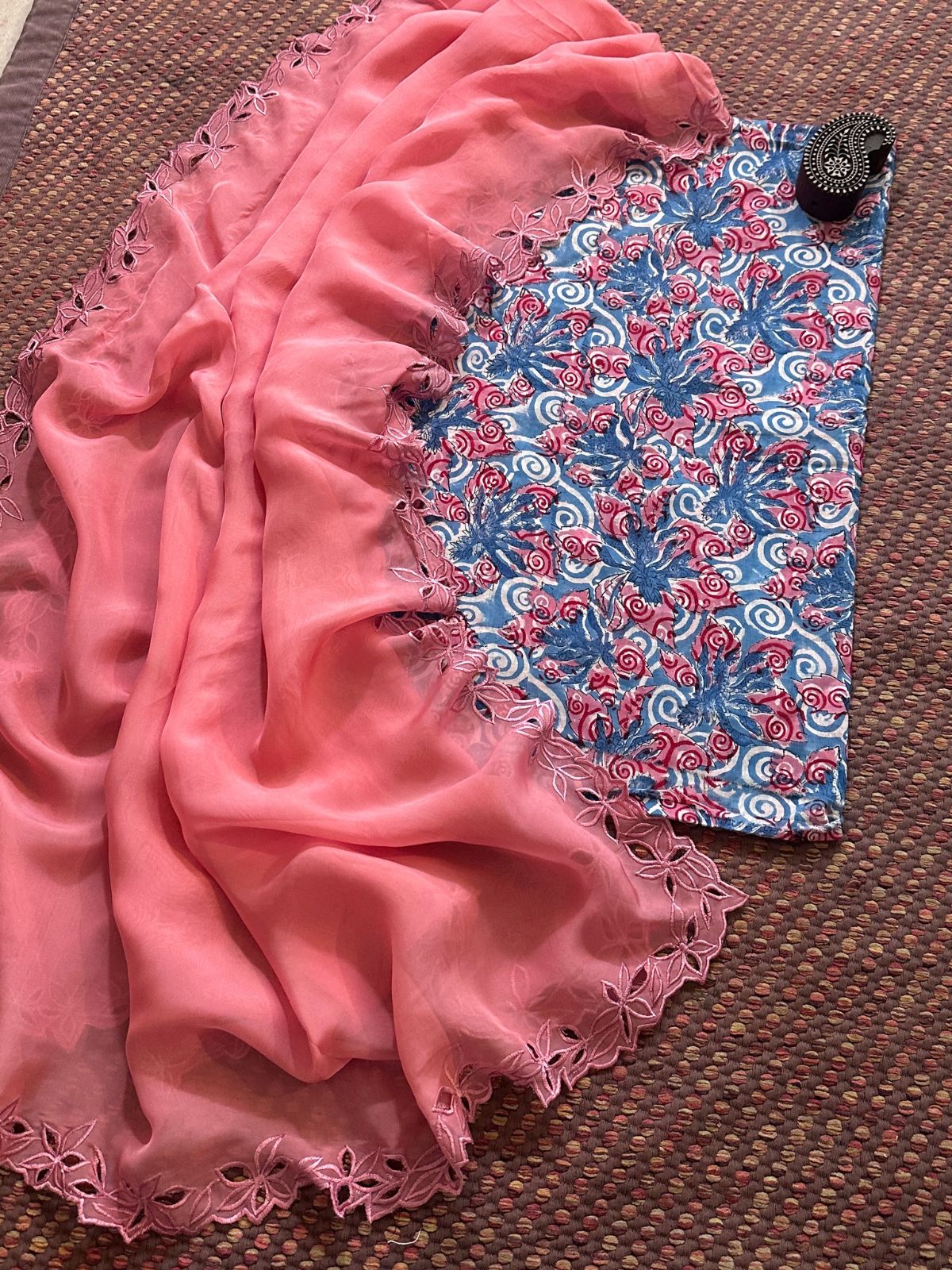 Pure Cotton Handblocked Fabric with Exclusive Cutwork Organza Dupatta