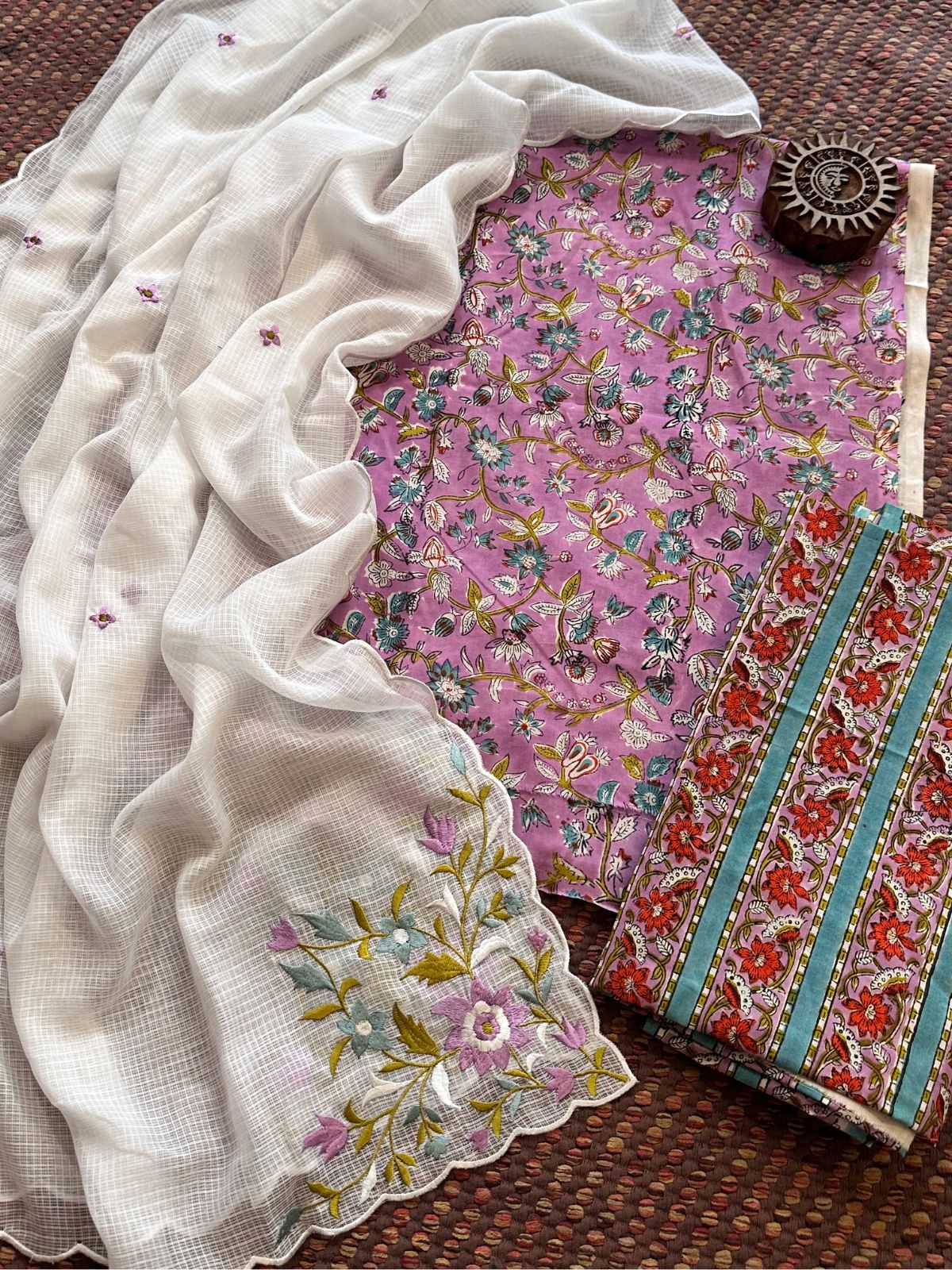 Pure Cotton Malmal Handblock Fabric with Embroidered Dupatta