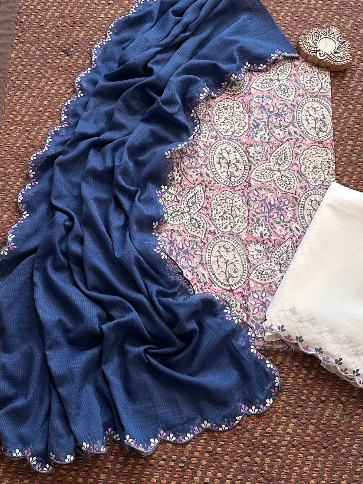 Pure Cotton Hand blocked Set with Embroidered Dupatta