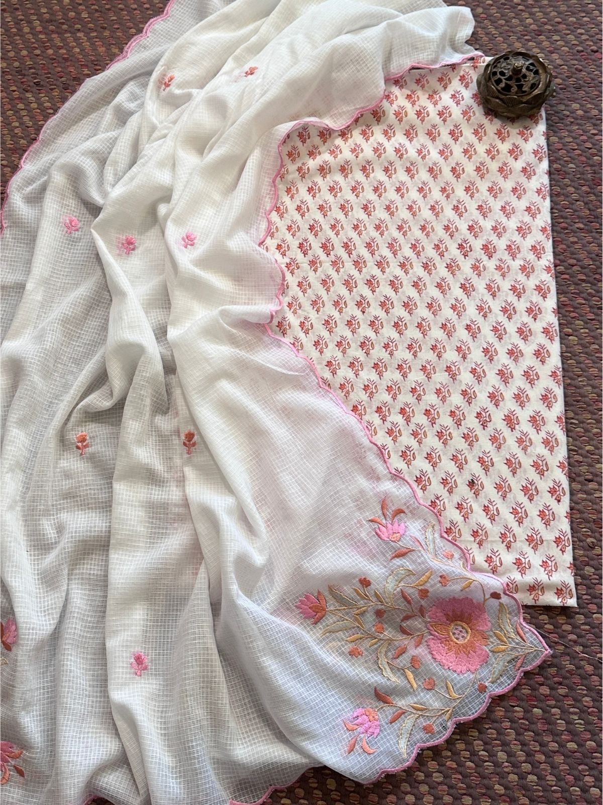 Pure Cotton Hand-blocked Fabric with Embroidered Dupatta