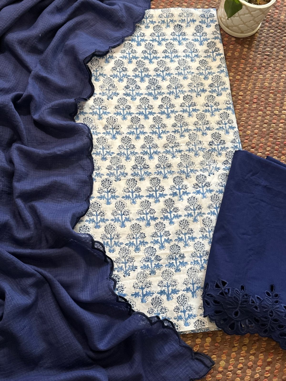 Pure Cotton Hand-blocked Fabric with Cutwork Bottom & Kota Doria Dupatta