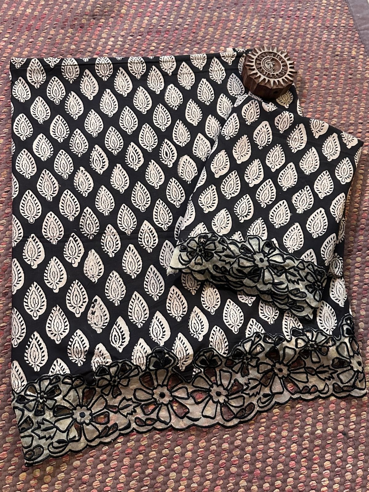 Pure Cotton Hand-blocked Coord Set with Cutwork on Organza Patch Work.