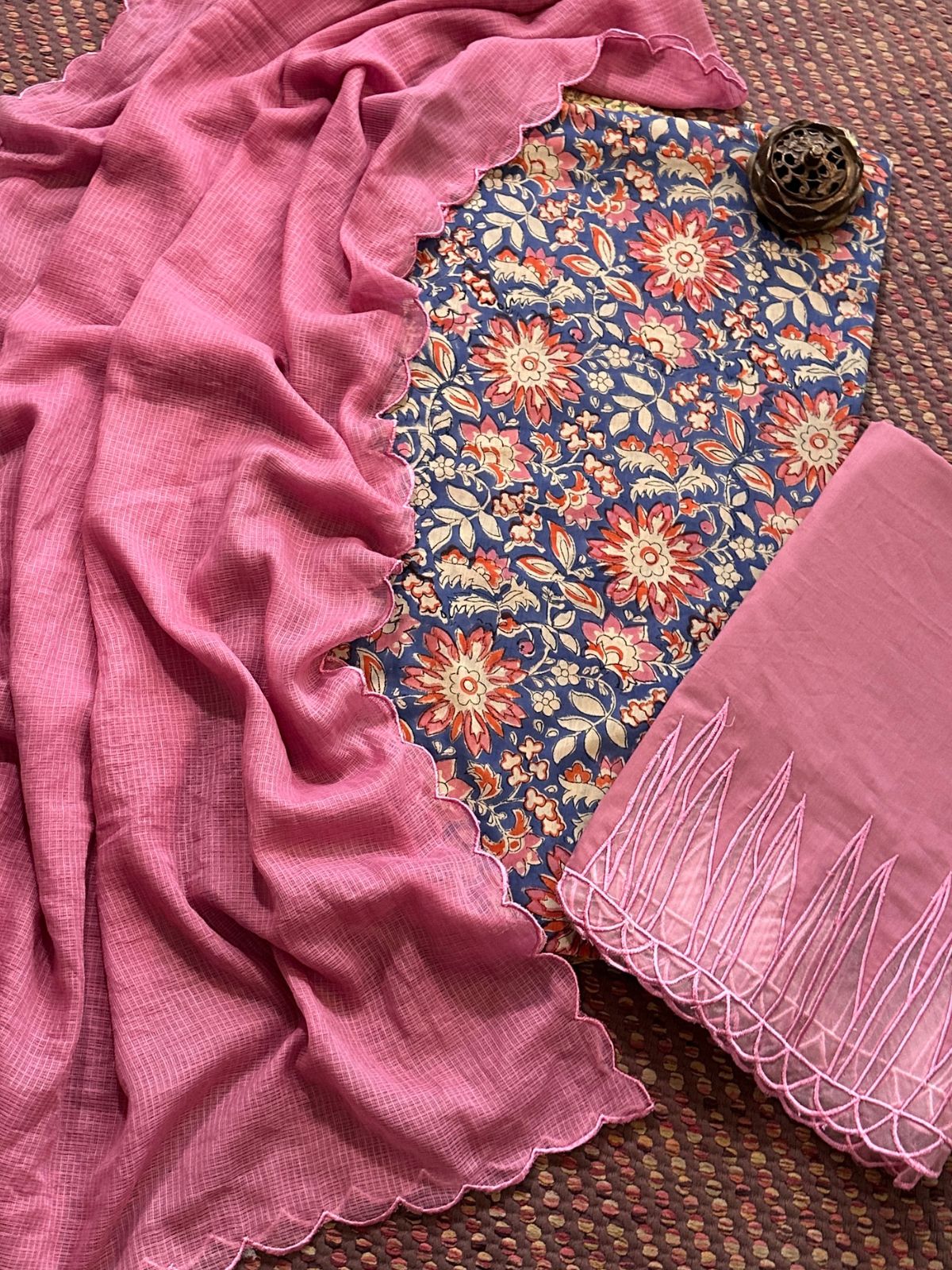 Pure Cotton Hand-blocked Fabric with Cutwork Bottom & Kota Doria Dupatta