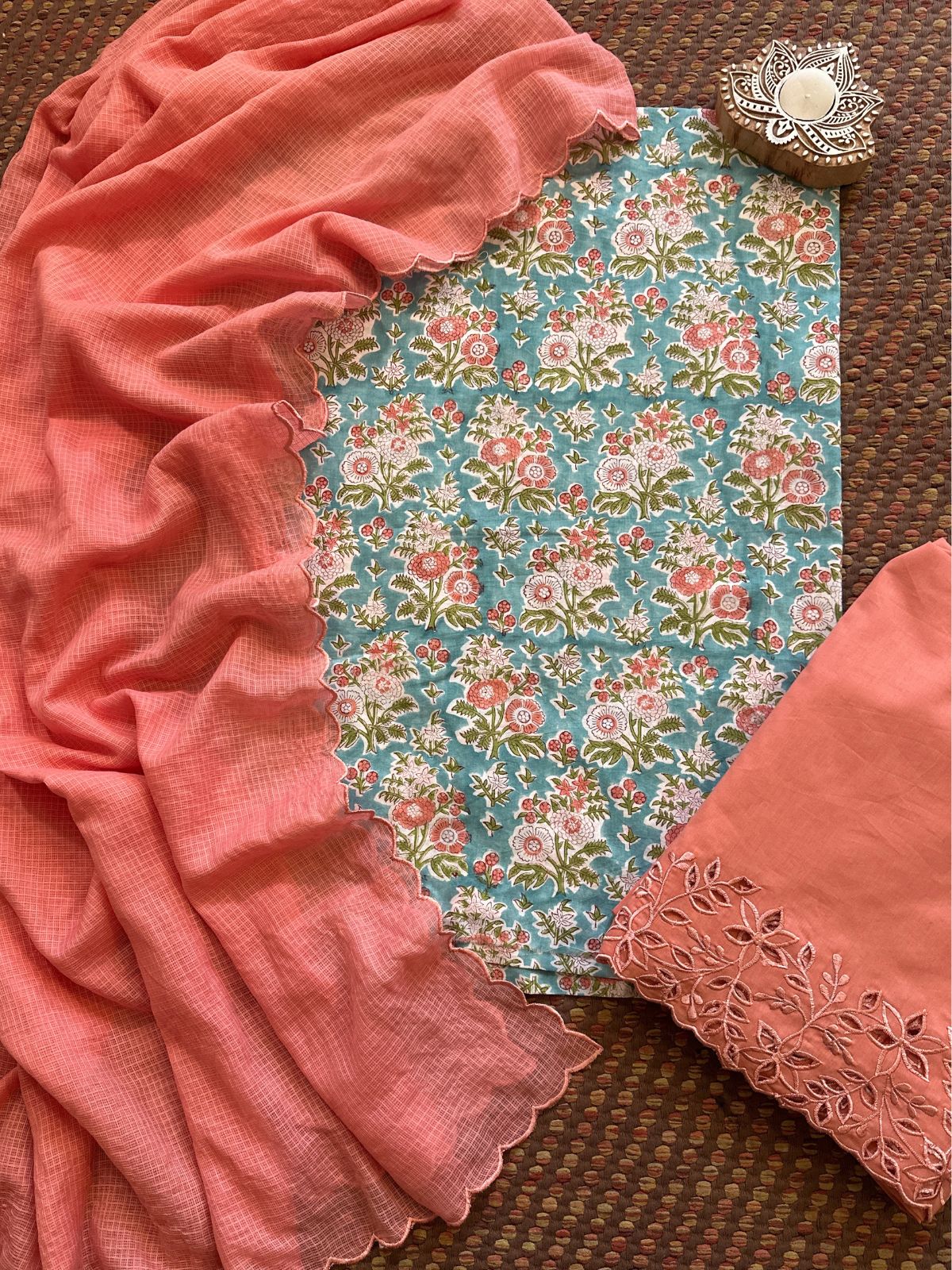 Pure Cotton Hand-blocked Fabric with Cutwork Bottom & Kota Doria Dupatta