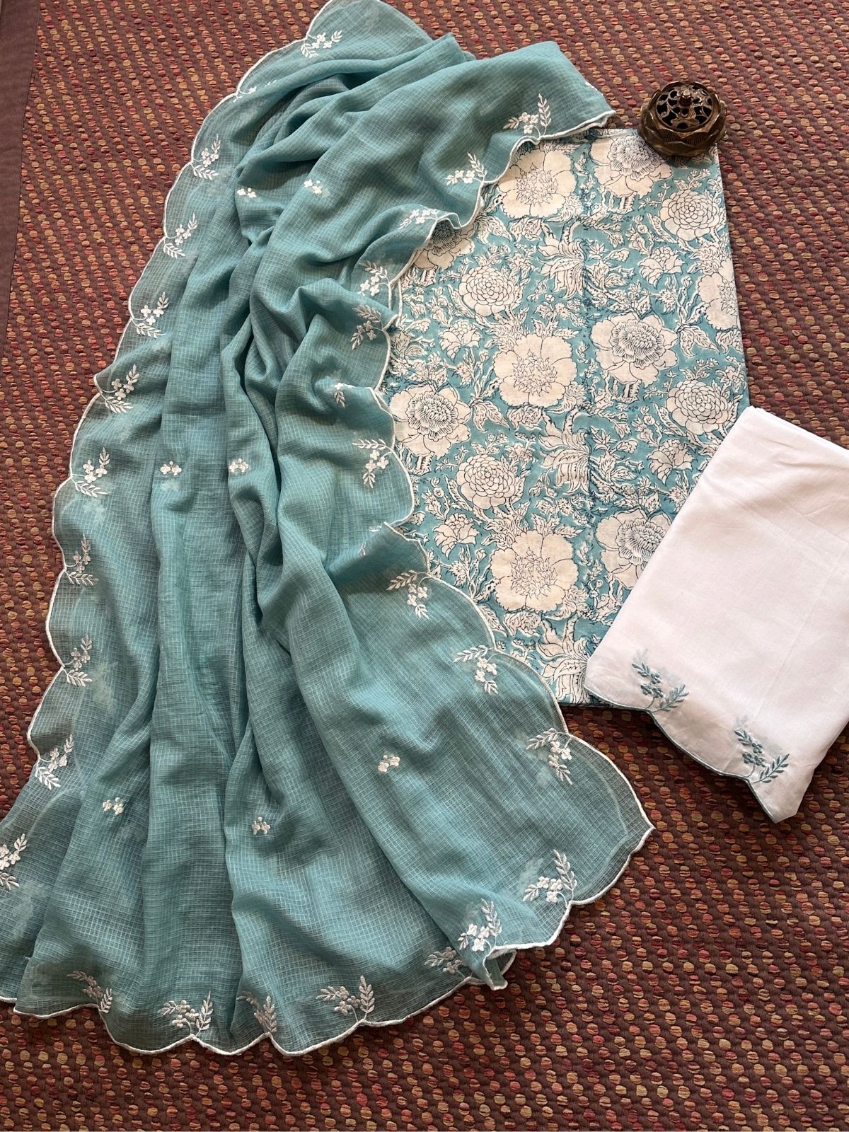 Pure Cotton Hand-block Fabric with Embroidered Bottom & Kota Doria Dupatta