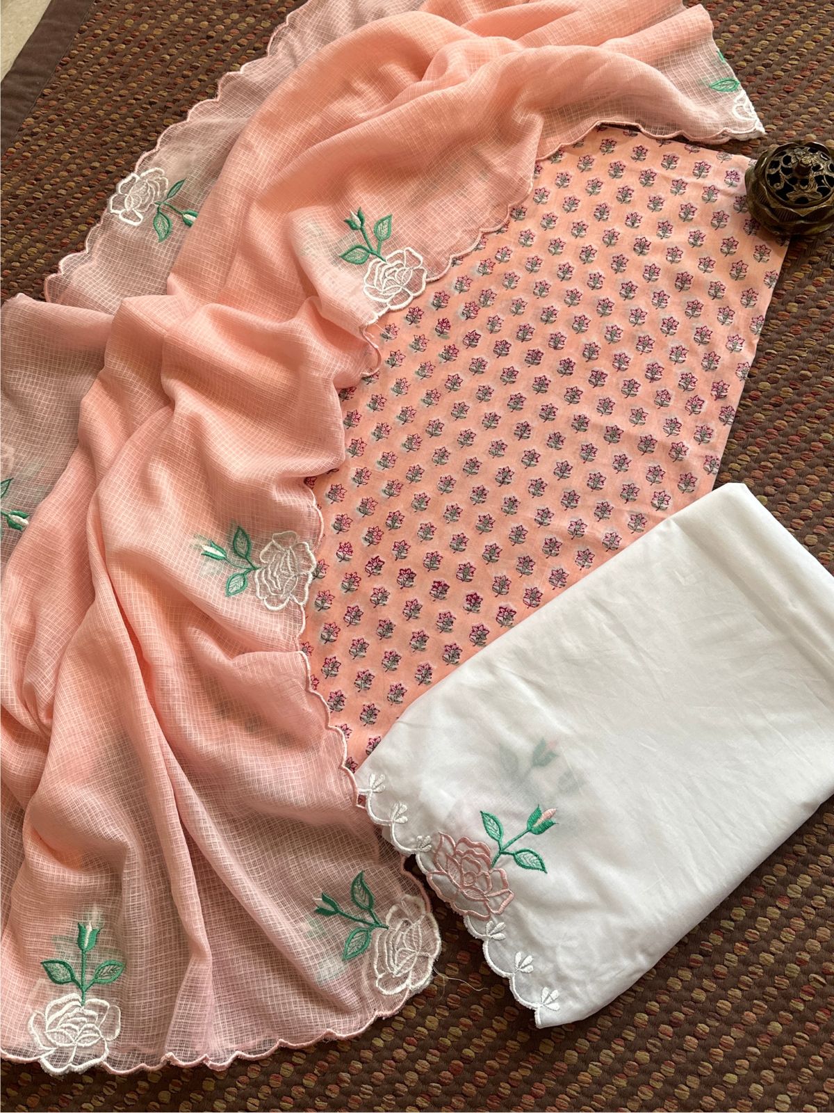 Pure Cotton Hand-block Fabric with Embroidered Bottom & Kota Doria Dupatta