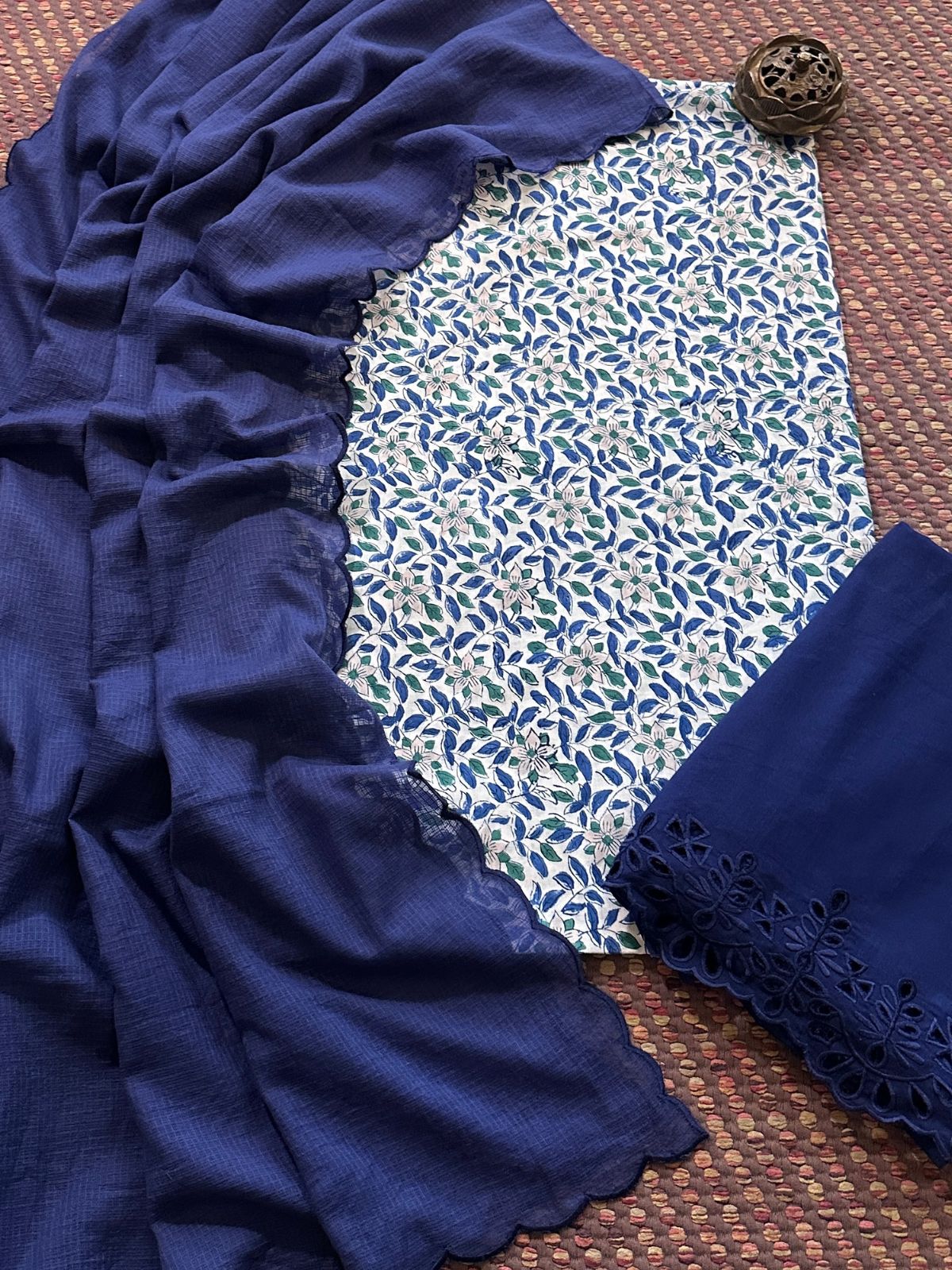 Pure Cotton Hand-blocked Fabric with Cutwork Bottom & Kota Doria Dupatta