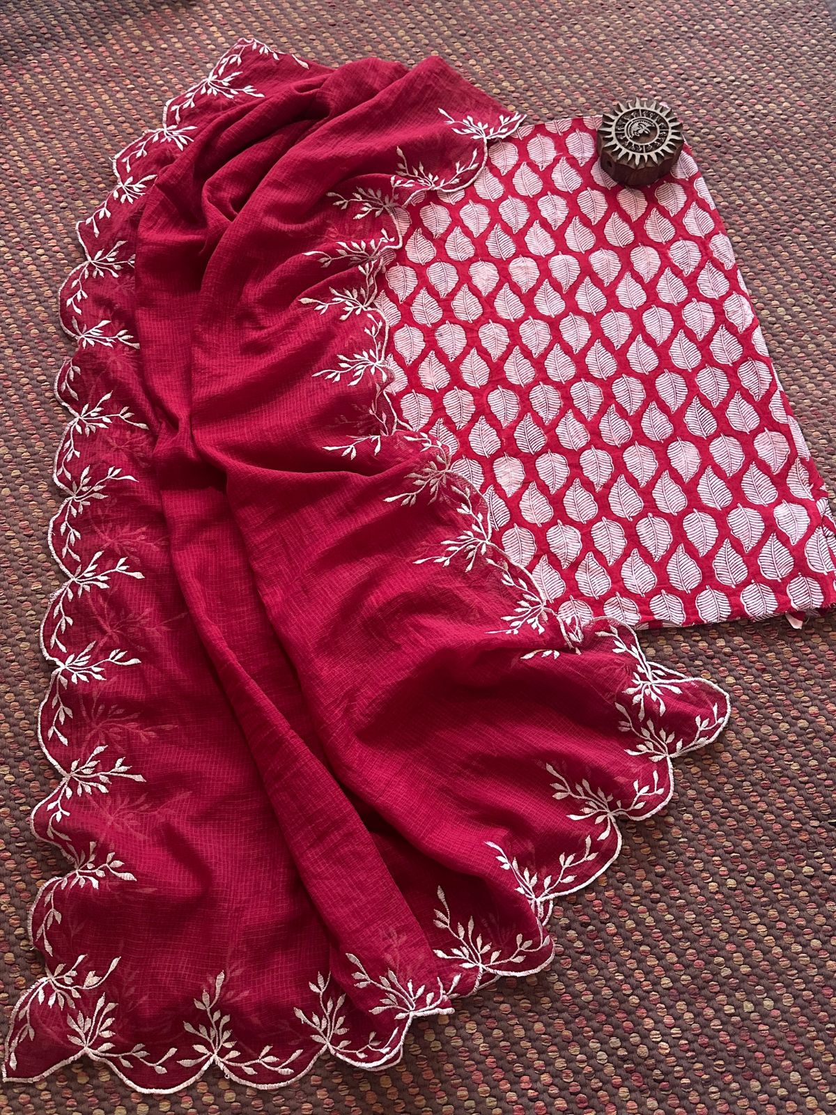 Pure Cotton Hand-blocked fabric set with Embroidered Dupatta